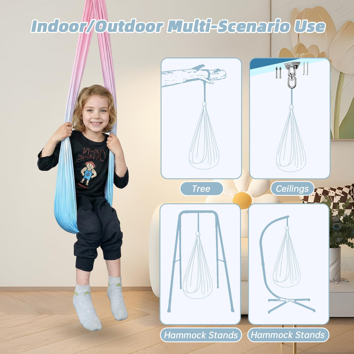 Aokitec Sensory Swing for Kids with Special Needs, Indoor Kids Swing Cuddle Hammock Chair Adjustable Aerial Swing for Children with Autism, ADHD, Asperger, Sensory Integration(Blue)