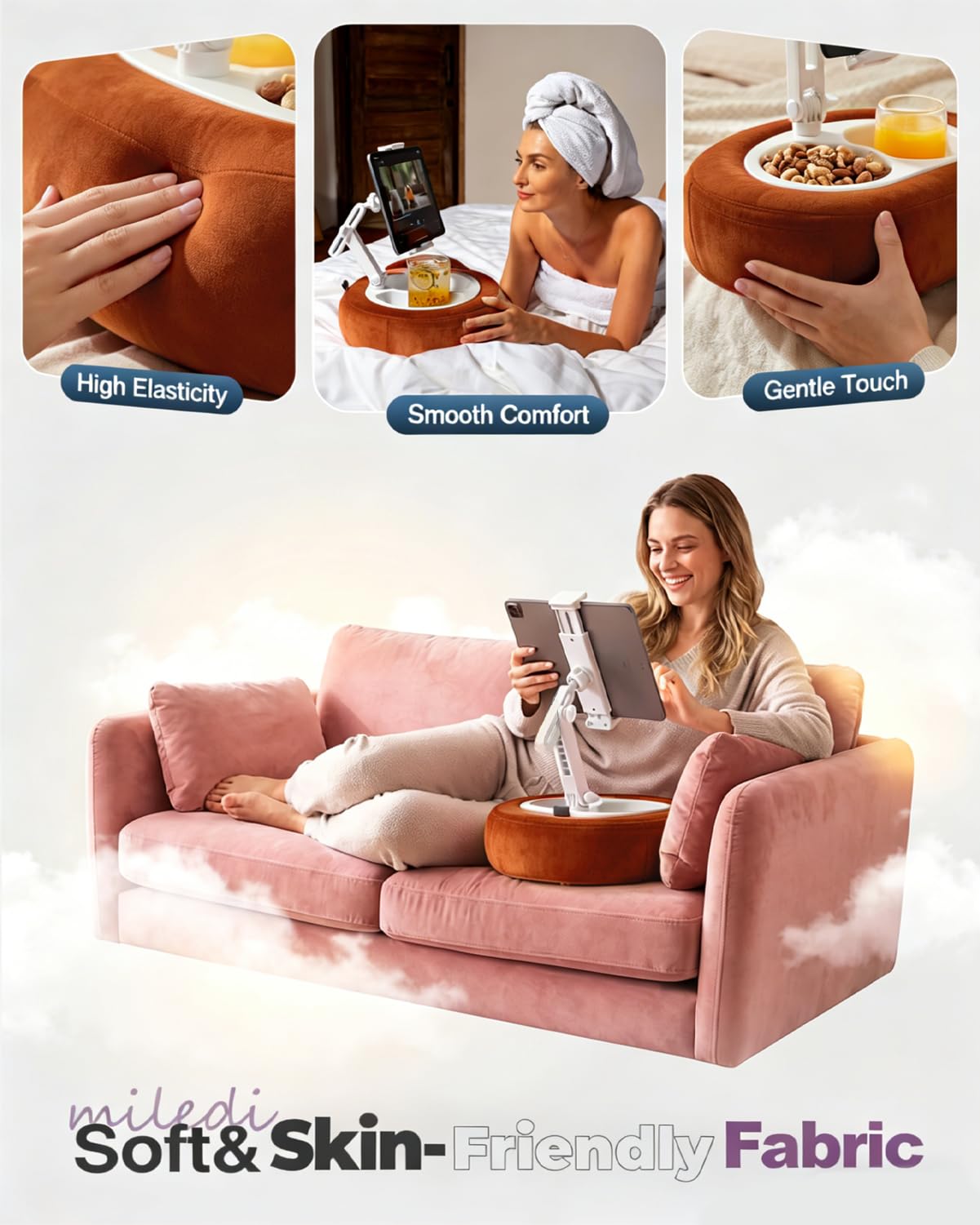 Miledi Tablet Pillow Stand for Bed with 360° Rotating Holder, Pink | Compatible with Kindle, iPad, Phone and Tablet 5" to 12.9", Soft Plush Fabric, with 2 Snack Bowls, for Reading and Relaxing
