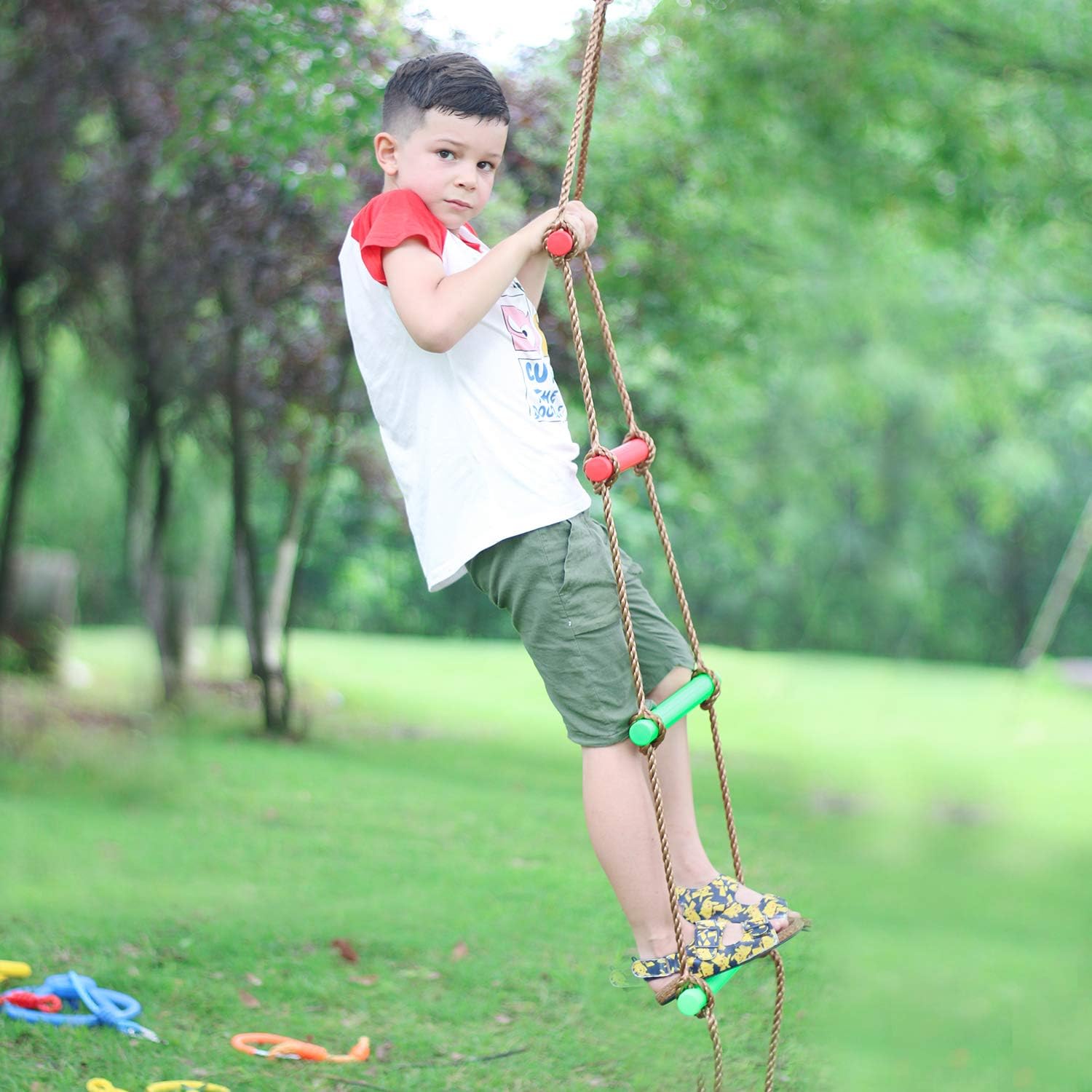 Rainbow Craft 6.6FT Climbing Rope Ninja Ladder for Kids - Kids Ninja Warrior Obstacle Course Accessories - Swing Rope Ladder