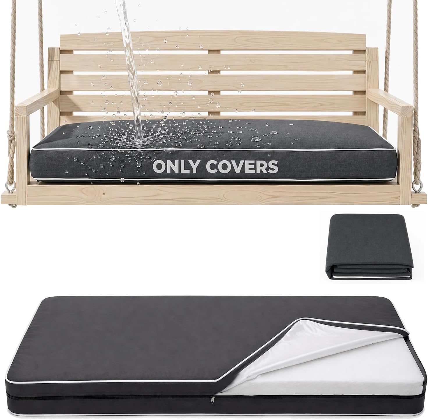 Twin Size Outdoor Daybed Swing Cushion Cover,Patio Porch Twin Mattress Bolster Pillow Fitted Sheet Cover Waterproof for Outdoor Hanging Porch Swing Bed (6, Dark Gray-White Piping)