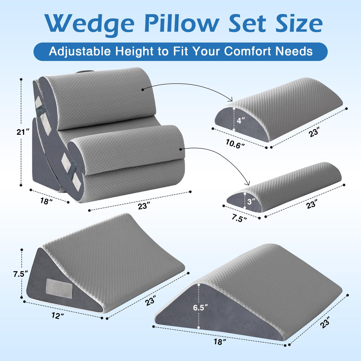 Ahpmeoa 6PCS Wedge Pillow Set for After Surgery, Orthopedic Bed Wedge Pillow for Headboard, Memory Foam Back Pillow for Bed Sitting Up, Sit Up Pillow for Acid Reflux Relief, GERD, Anti Snoring (White)