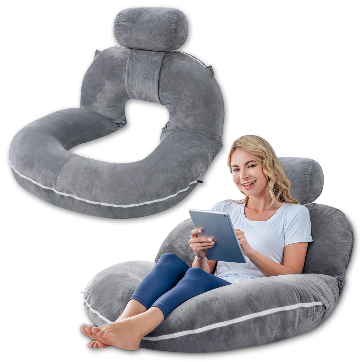 INSEN Reading Pillow, Back Pillow for Sitting in Bed for Reading, Nurse & Relax, Reading Pillow for Adults, Moms & Kids, Sit Up Pillow for Bed (Grey, 45in)