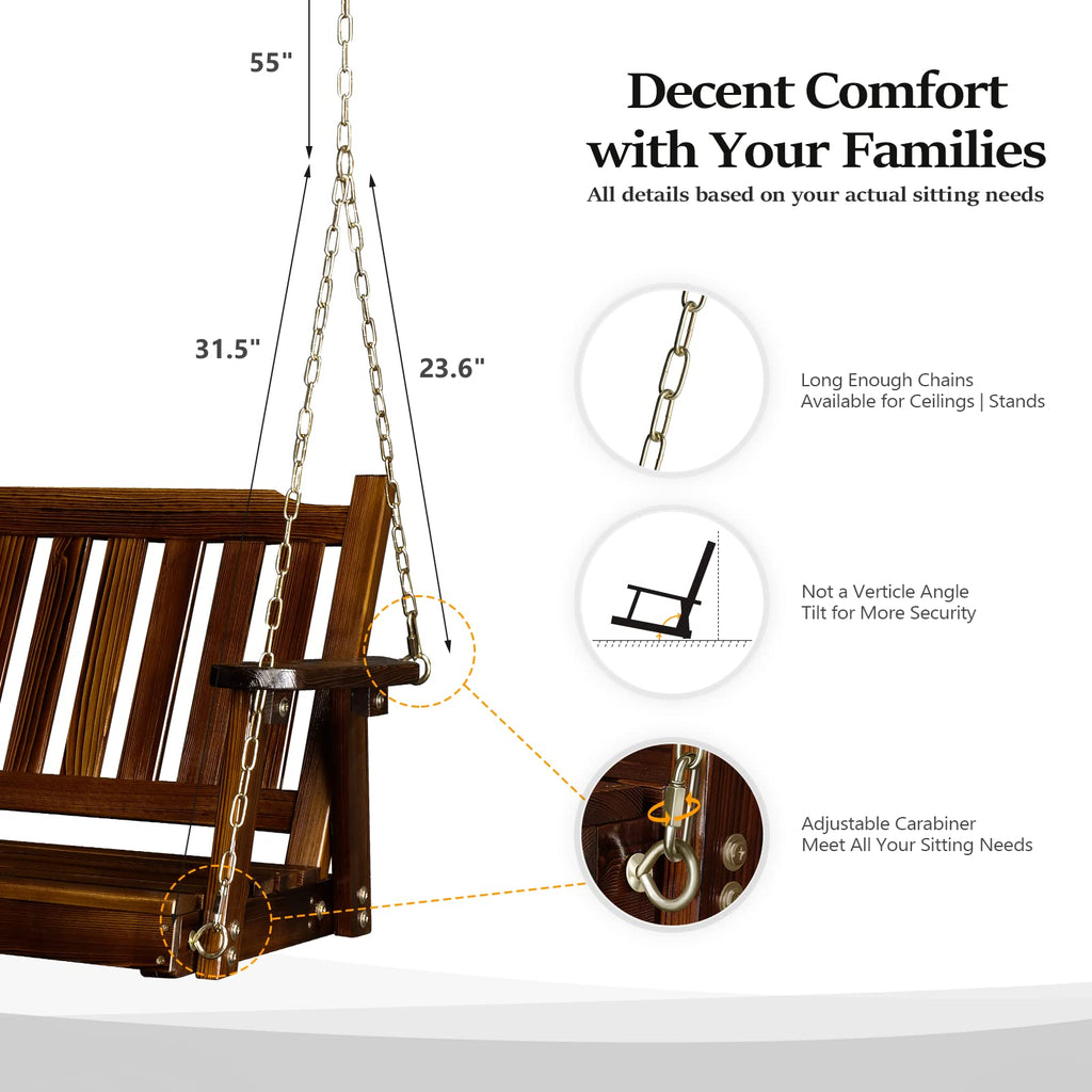 VINGLI Heavy Duty 880 LBS 5 FT Patio Wooden Porch Swing Outdoor with Upgraded Adjustable Chains, Outdoor Hanging Swing Bench for Garden, Yard, Balcony (5 FT, Brown)