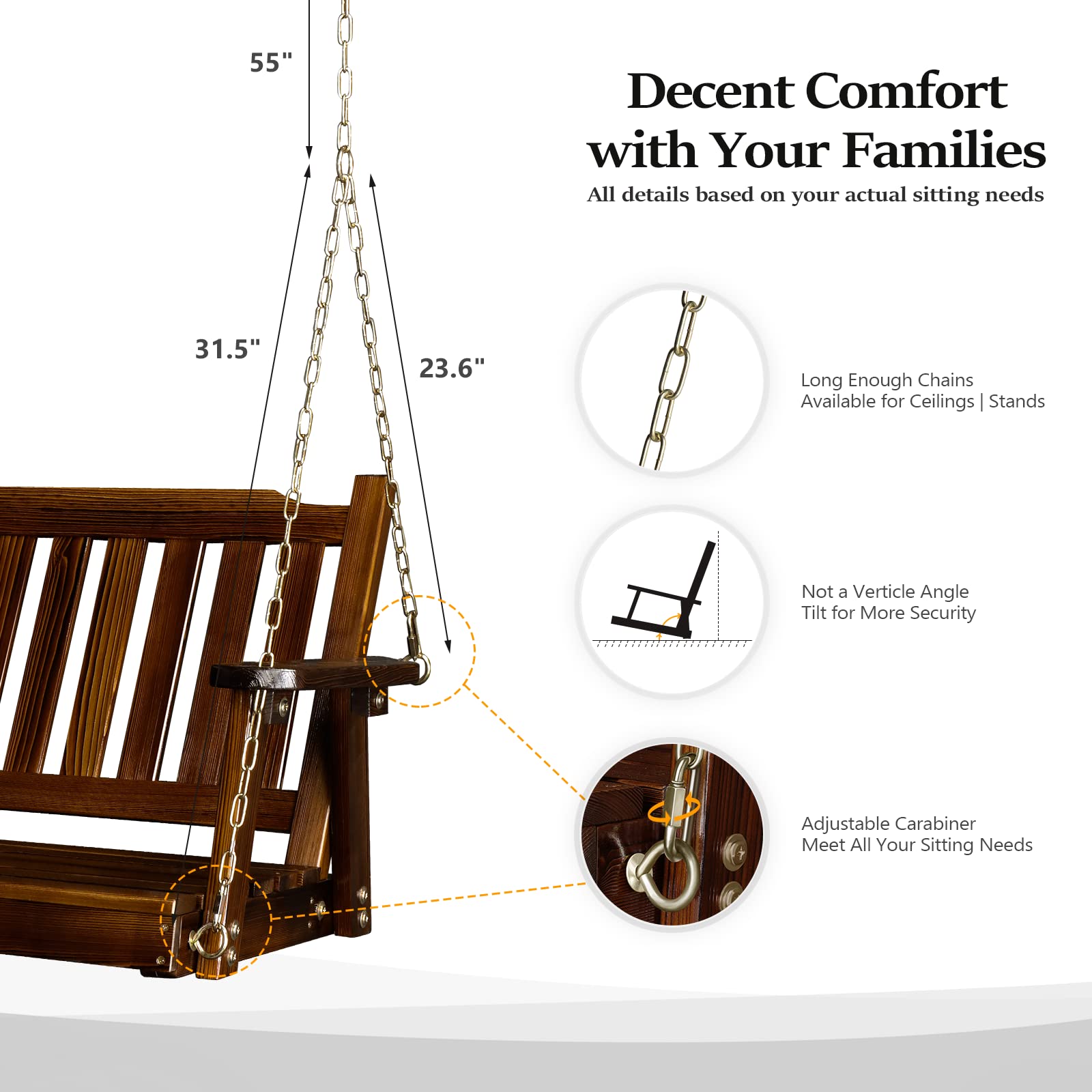 VINGLI Heavy Duty 880 LBS 5 FT Patio Wooden Porch Swing Outdoor with Upgraded Adjustable Chains, Outdoor Hanging Swing Bench for Garden, Yard, Balcony (5 FT, Brown)