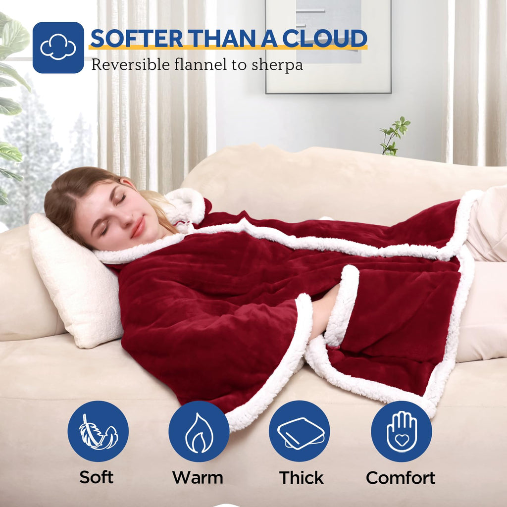Sealy Heated Throw Wearable Shawl Wrap with Pockets, Reversible Flannel to Sherpa Electric Blanket Hoodie Poncho with 6 Heating Levels & 2-10 Hours Time Settings, 50 X 60 Inch, Pink