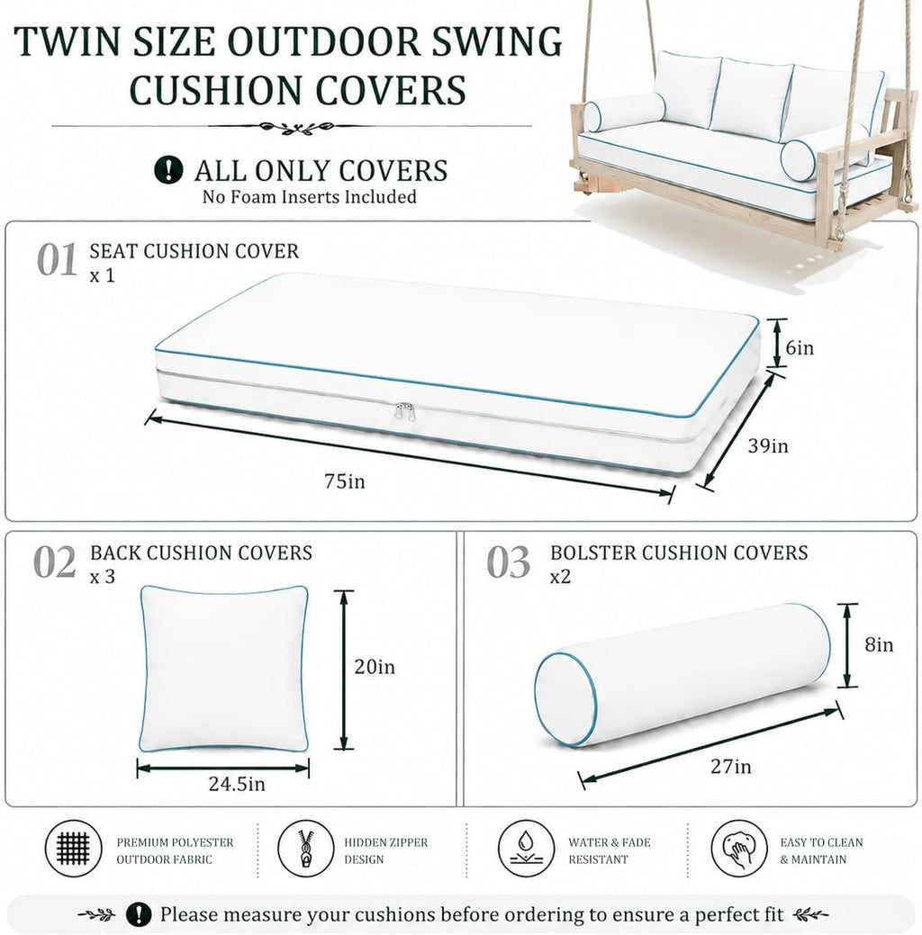 Twin Size Outdoor Daybed Swing Cushion Cover,Patio Porch Twin Mattress Bolster Pillow Fitted Sheet Cover Waterproof for Outdoor Hanging Porch Swing Bed (6, Dark Gray-White Piping)