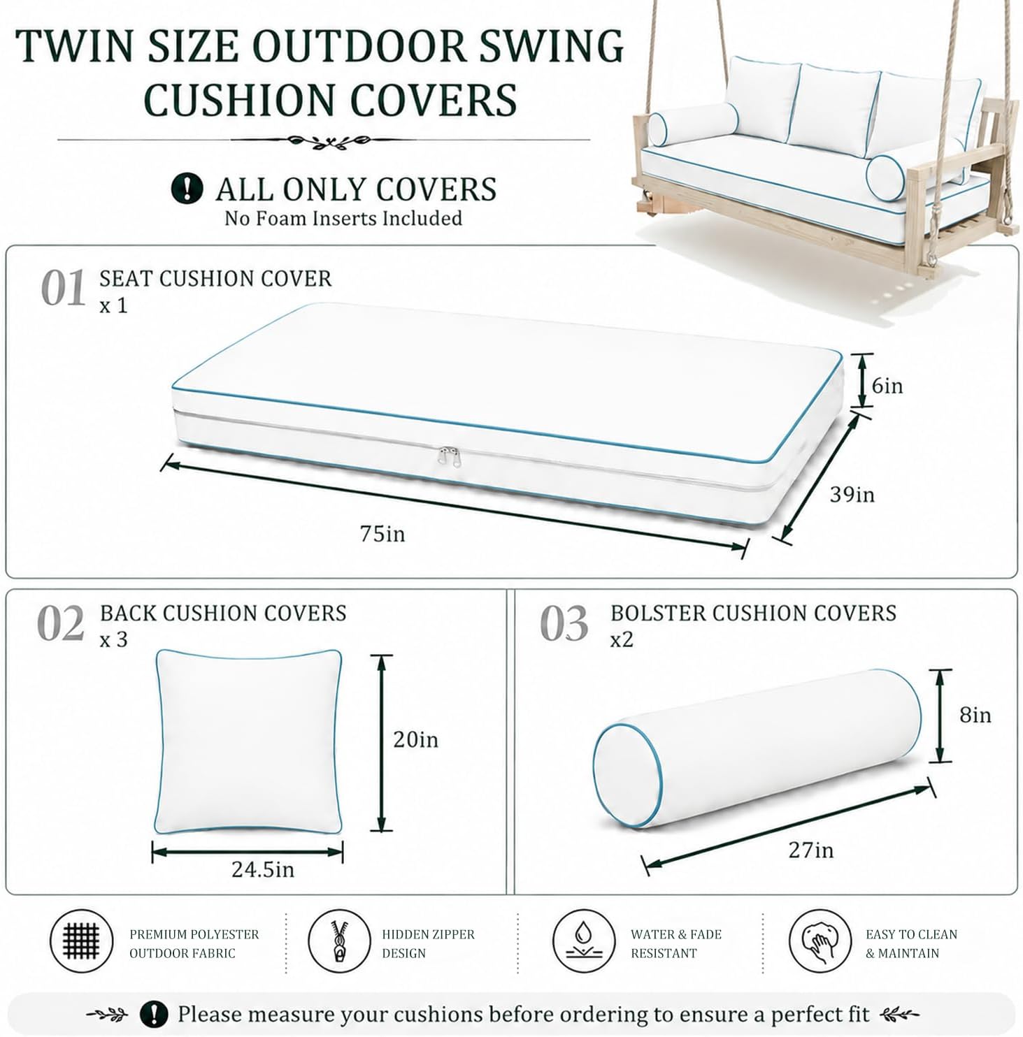 Twin Size Outdoor Daybed Swing Cushion Cover,Patio Porch Twin Mattress Bolster Pillow Fitted Sheet Cover Waterproof for Outdoor Hanging Porch Swing Bed (6, Dark Gray-White Piping)