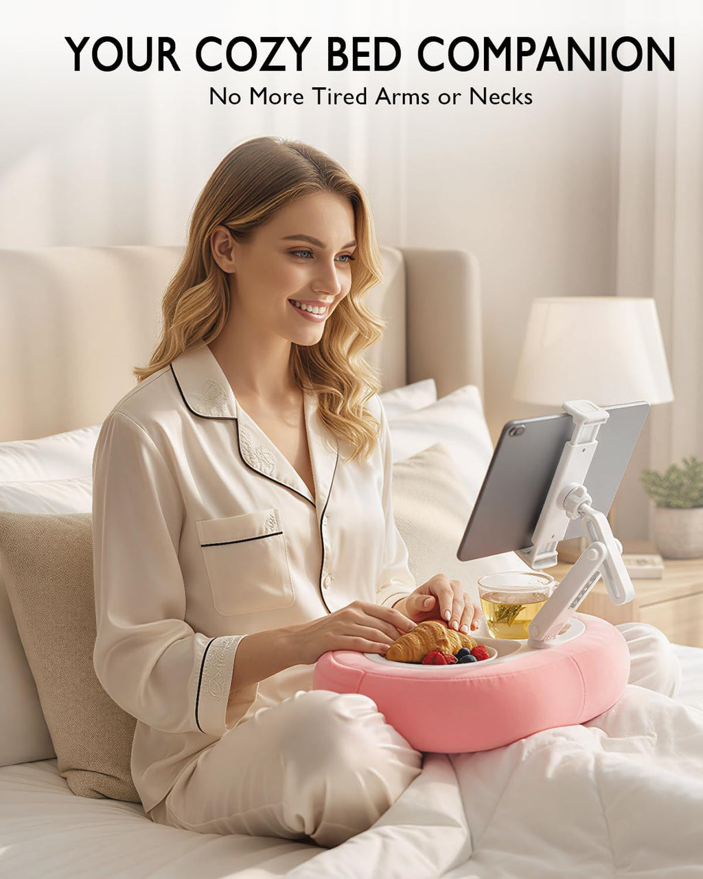 Miledi Tablet Pillow Stand for Bed with 360° Rotating Holder, Pink | Compatible with Kindle, iPad, Phone and Tablet 5" to 12.9", Soft Plush Fabric, with 2 Snack Bowls, for Reading and Relaxing