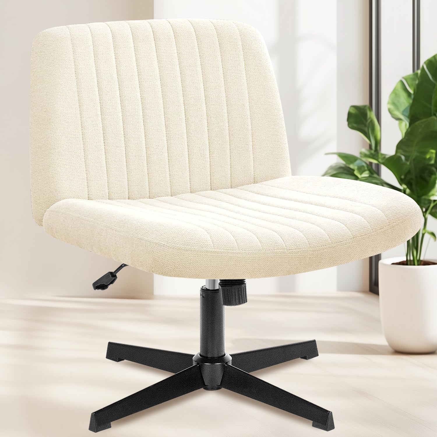 NEO CHAIR Criss Cross Chair with Wheels Home Office Cross Legged Armless Chairs Adjustable Computer Desk Wide Seat for Bedroom Vanity Comfy Swivel (Teddy White)