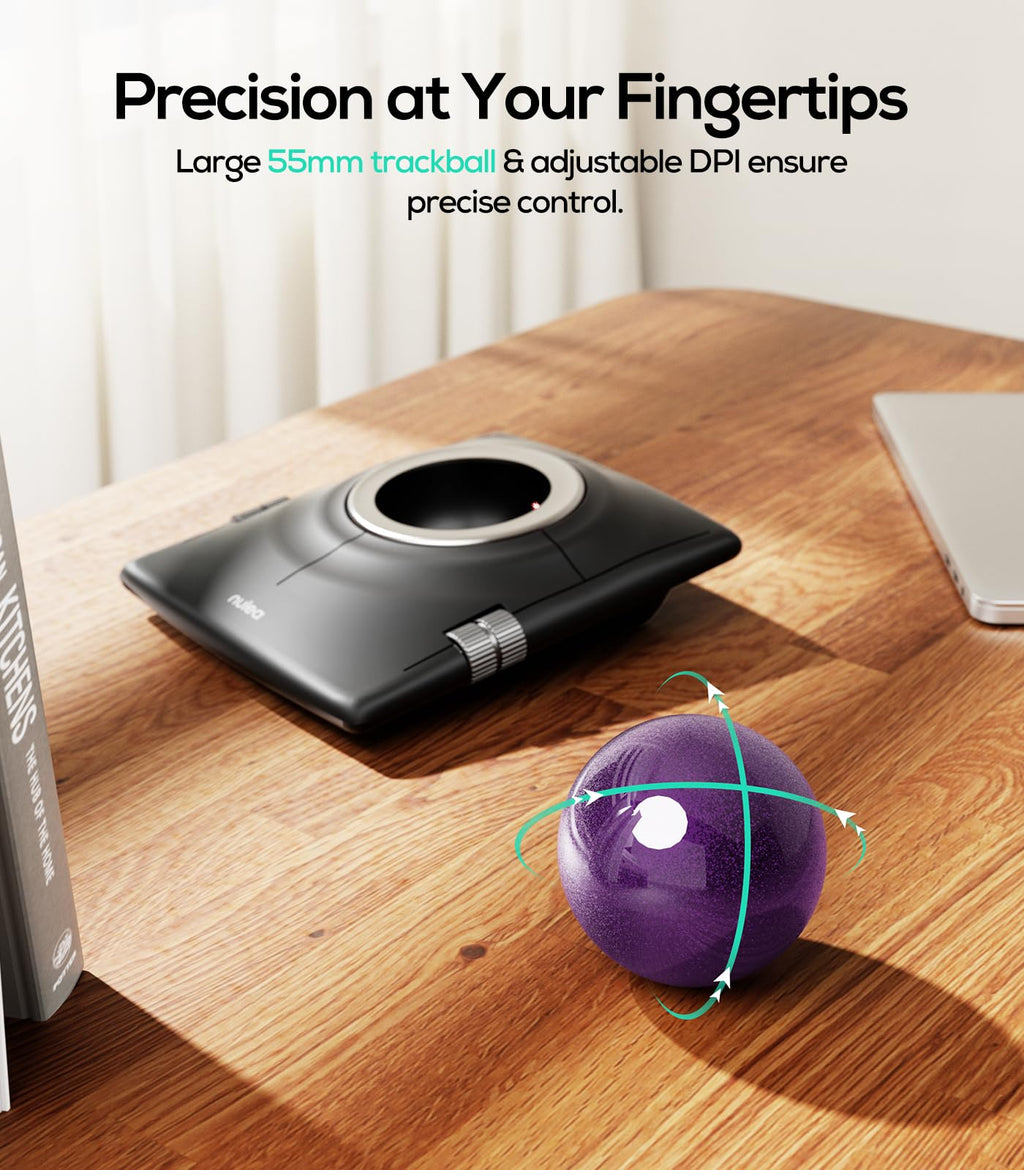 Nulea Wireless Trackball Mouse, Ergonomic 55mm Trackball, 4 Level Adjustable DPI for Precise Control, Left or Right Hand Compatible, Rechargeable, Multi-Device Bluetooth & 2.4GHz for PC, Laptop