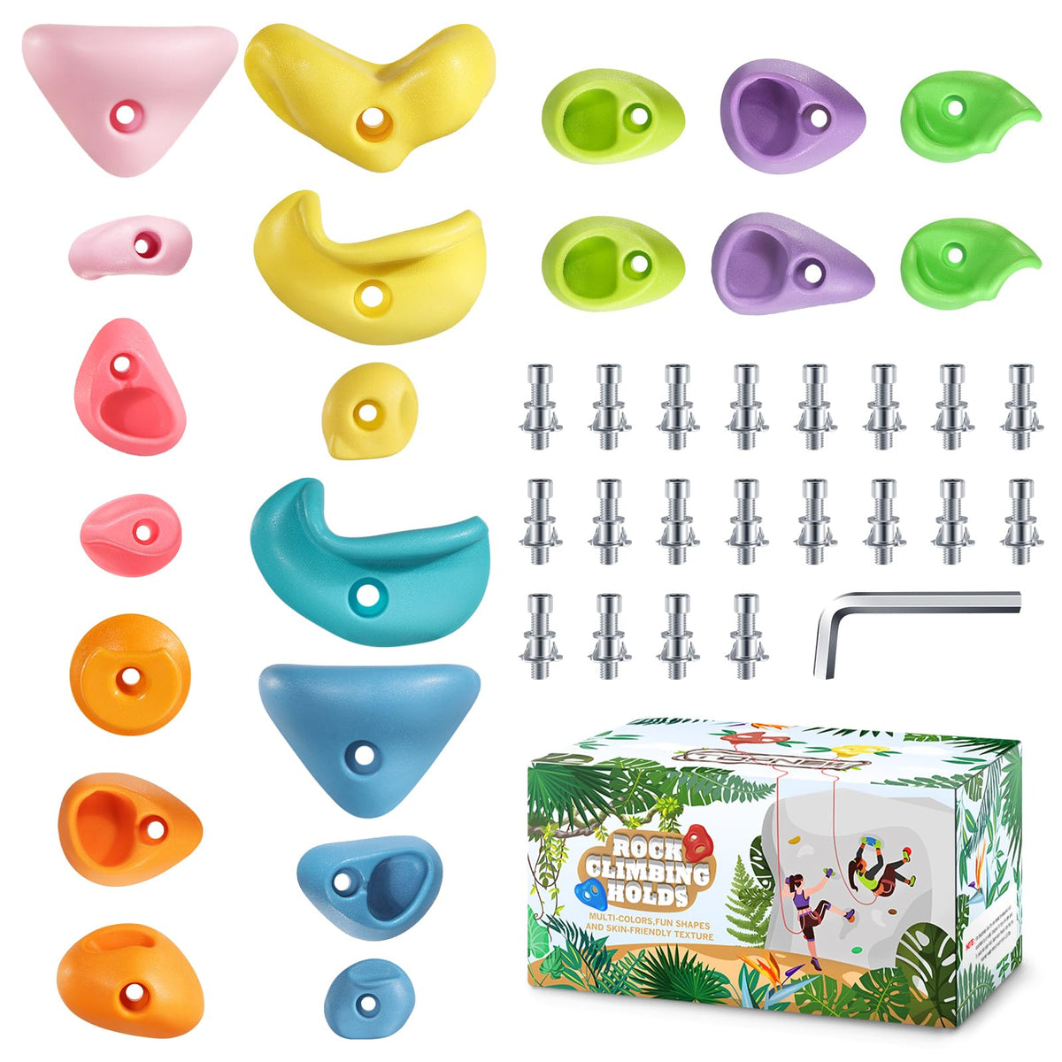 TOPNEW 32 Rock Climbing Holds Multi Size for Kids, Adult Rock Wall Holds Climbing Rock Wall Grips for Indoor and Outdoor Playground Play Set - Includes 2 Inch Mounting Hardware