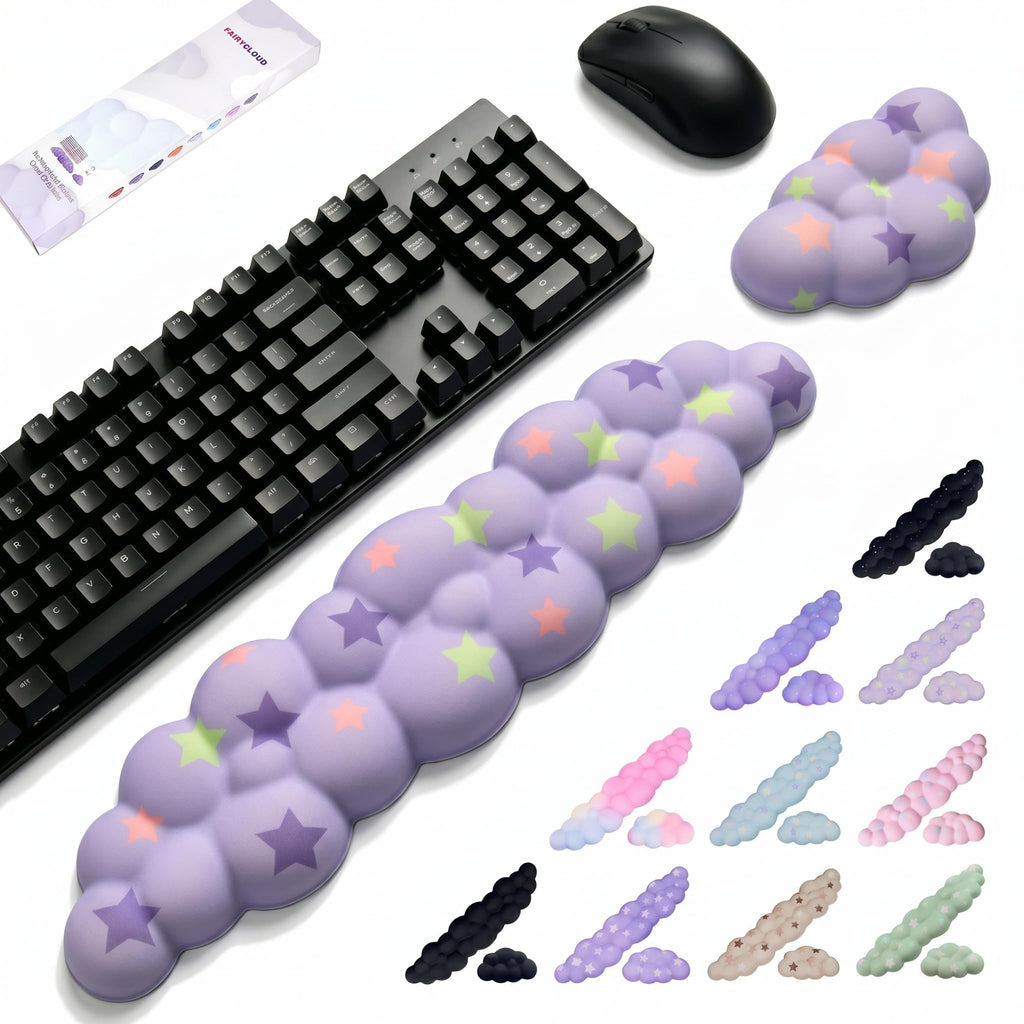 Silky Cloud Wrist Rest Set for Keyboard & Mouse, 16.9", Purple Star | Memory Foam Arm Rest with Ergonomic Support Fits Full Keyboards and Reduces Typing Fatigue for Office, Gaming and Home Use