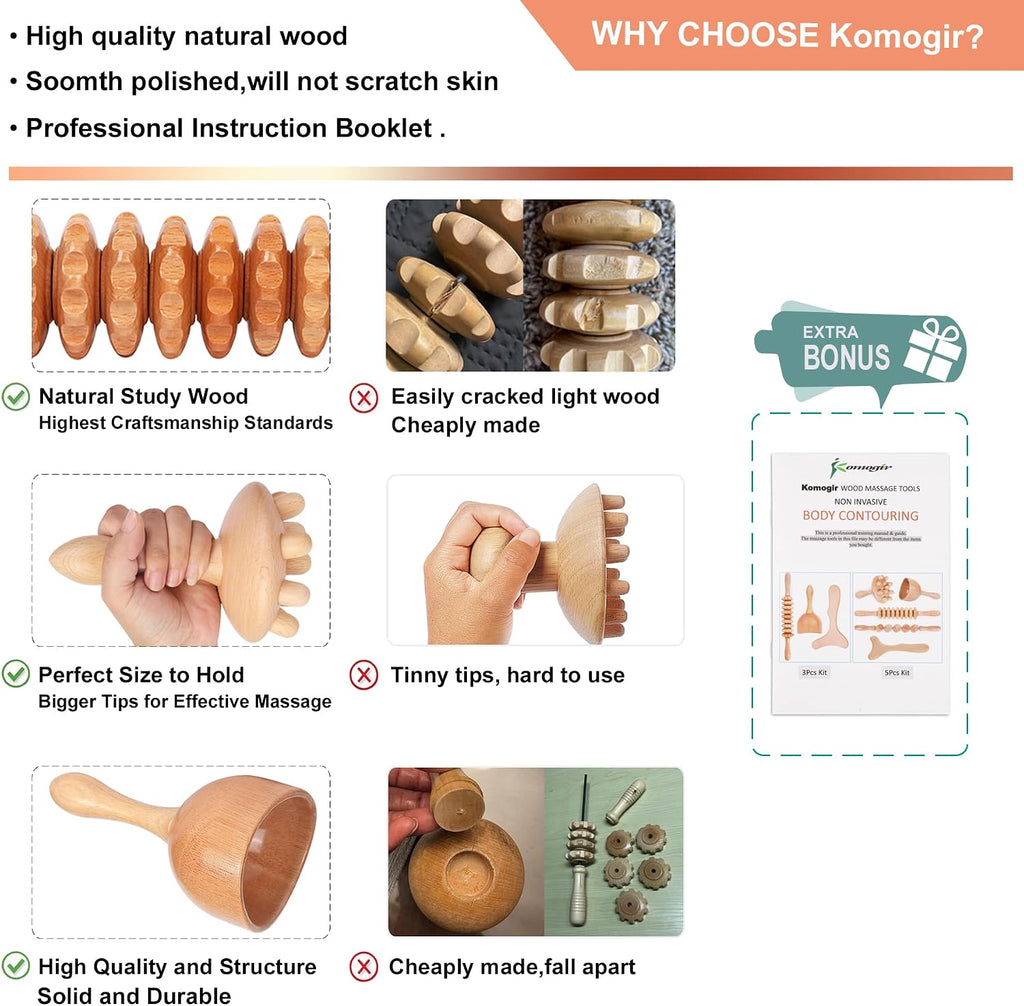 Komogir Wood Therapy Massage Tools 5-in-1 Lymphatic Drainage Massager Maderoterapia Kit Wooden Massager Body Sculpting Tools for Muscle Pain Relief, Anti-Cellulite, Body Contouring and Shaping