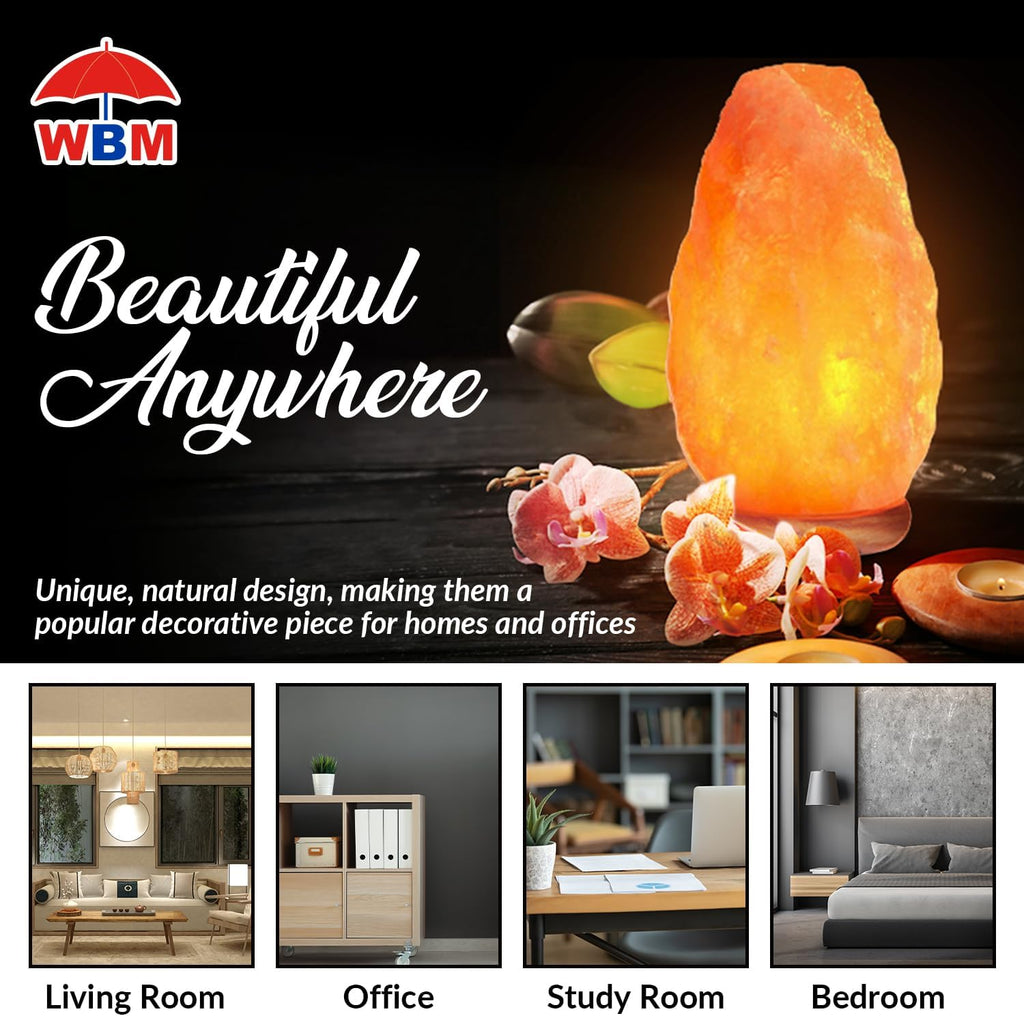 WBM Salt Lamp - USB Himalayan Salt Lamp with Touch Dimmer Control, Natural Pink Crystal, 5-7 lbs, Wooden Base, LED Bulb, Room Decor, Home Decor, Relaxation, Ambiance, Gift