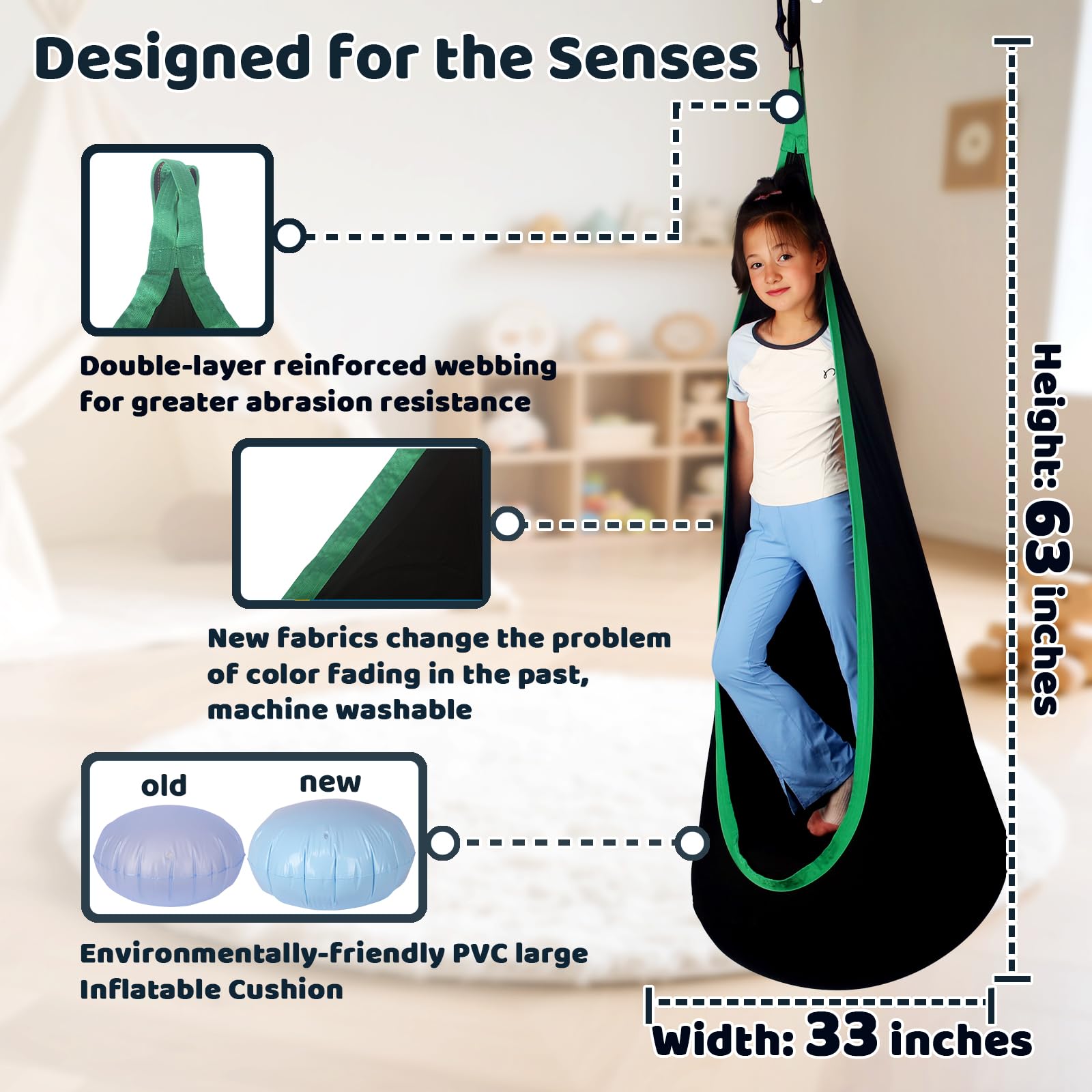 Sensory Pod Swing for Kids | Hammock Chair Seat, Inflatable Cushion, Includes Hardware Hanger Kit for Aspergers Autism ADHD