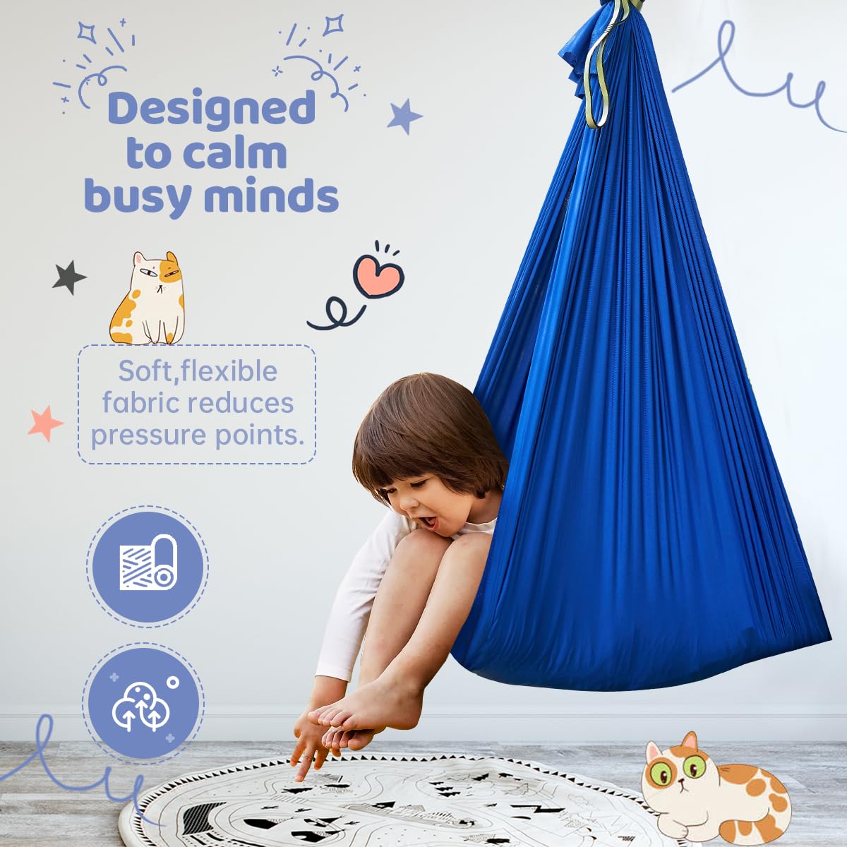 Aokitec Sensory Swing for Kids with Special Needs, Indoor Kids Swing Cuddle Hammock Chair Adjustable Aerial Swing for Children with Autism, ADHD, Asperger, Sensory Integration(Blue)