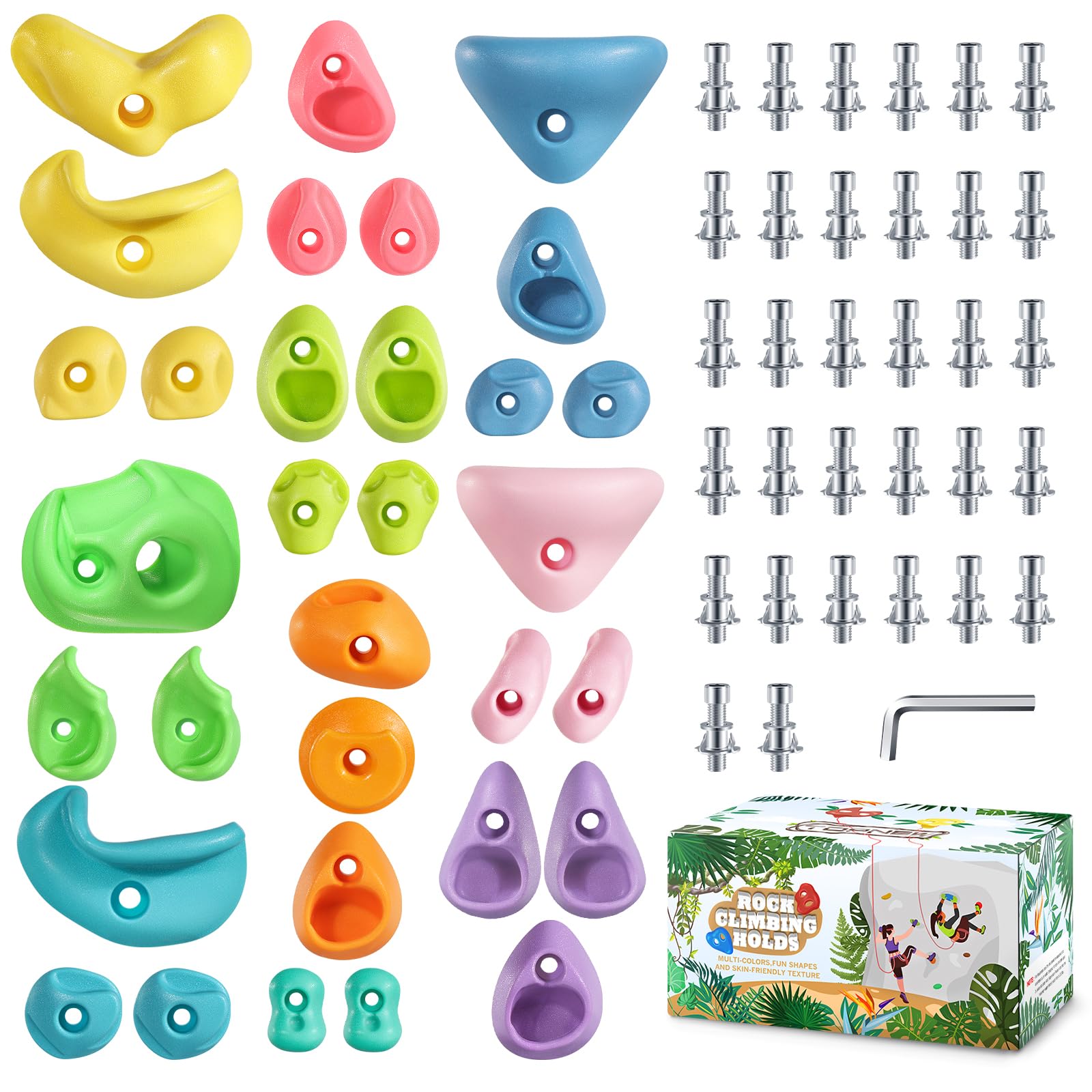 TOPNEW 32 Rock Climbing Holds Multi Size for Kids, Adult Rock Wall Holds Climbing Rock Wall Grips for Indoor and Outdoor Playground Play Set - Includes 2 Inch Mounting Hardware