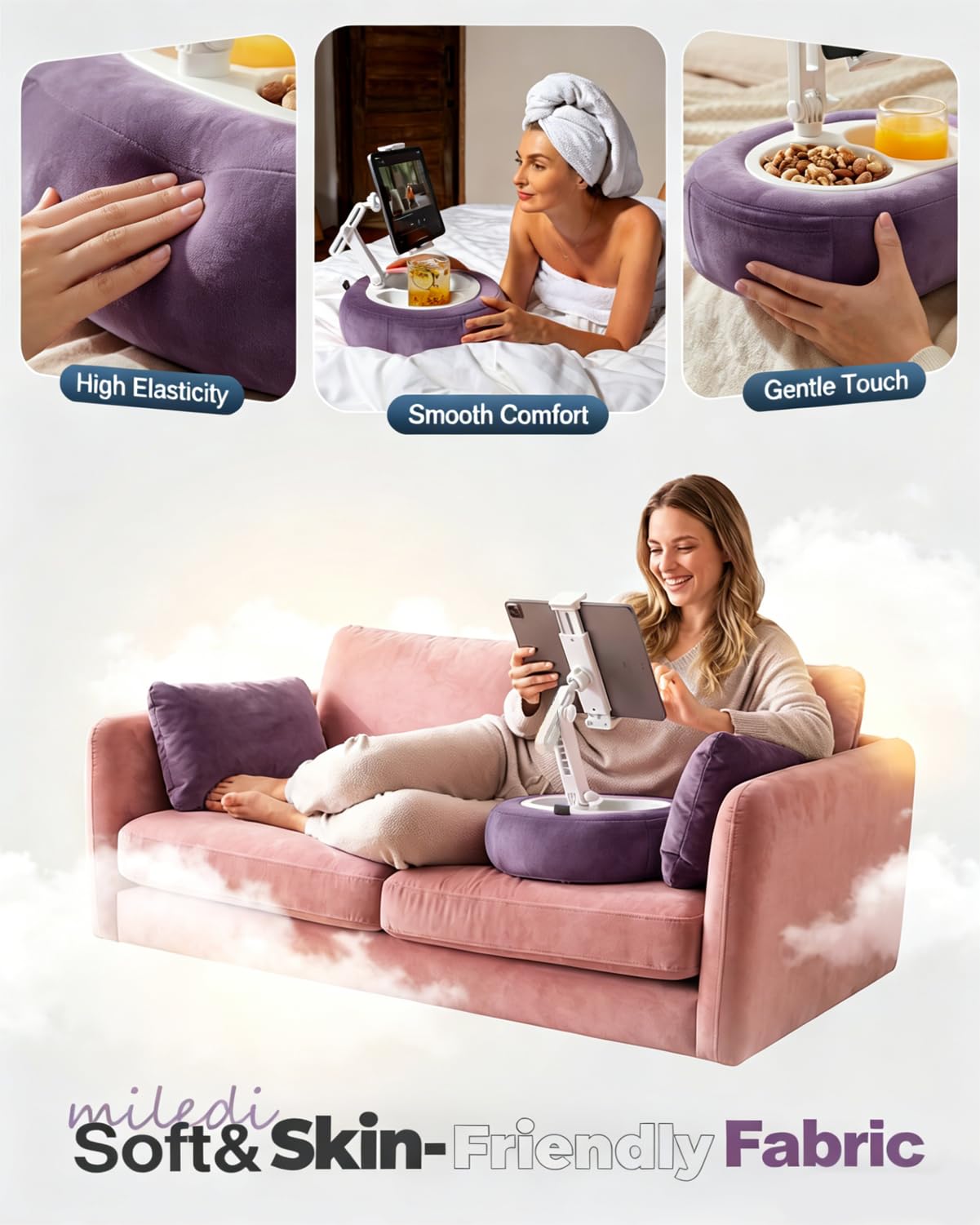 Miledi Tablet Pillow Stand for Bed with 360° Rotating Holder, Pink | Compatible with Kindle, iPad, Phone and Tablet 5" to 12.9", Soft Plush Fabric, with 2 Snack Bowls, for Reading and Relaxing