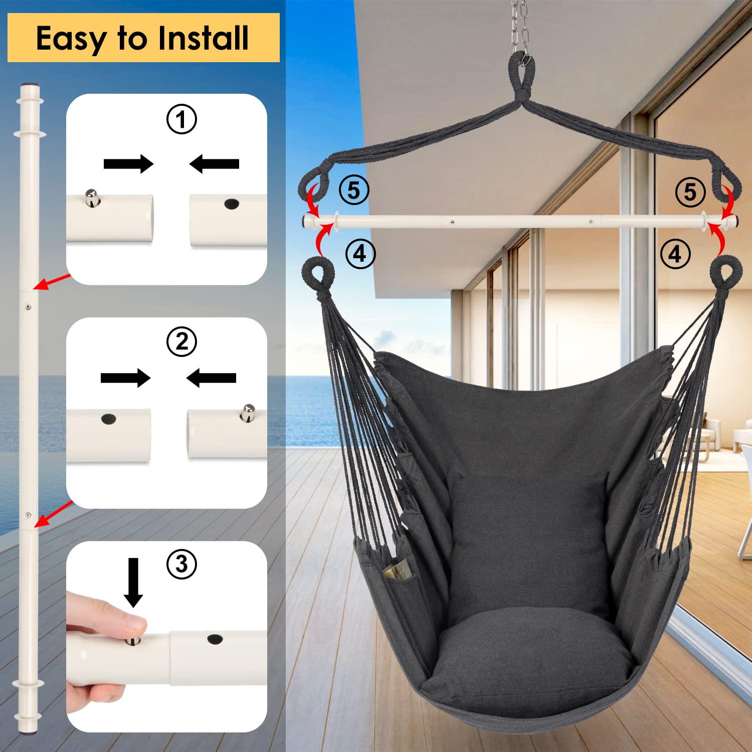 Y- STOP Hammock Chair Hanging Rope Swing Chair, Max 500 Lbs, 2 Seat Cushions Included, Removable Steel Spreader Bar with Anti-Slip Rings, Hardware kit-for Indoor Outdoor(Dark Grey)