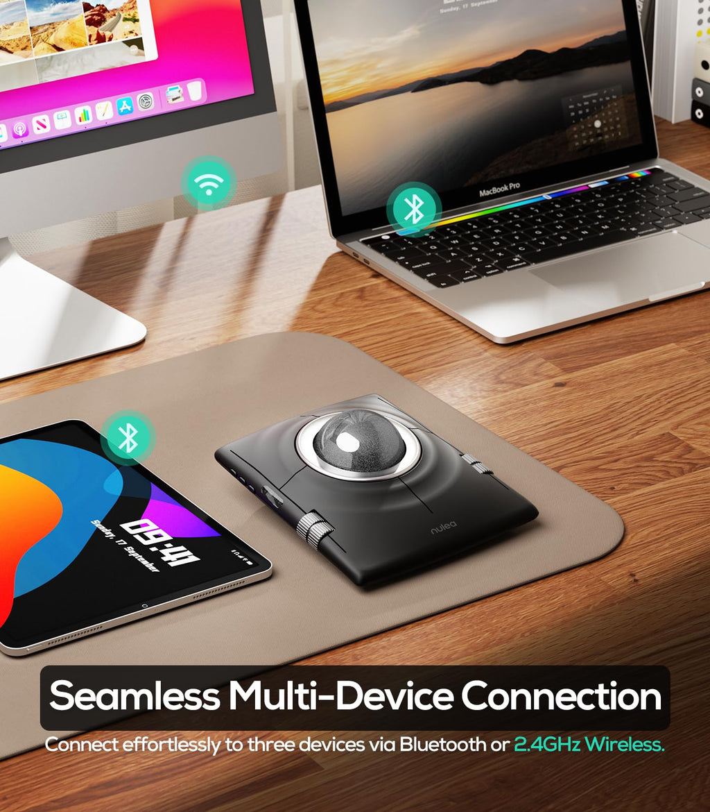 Nulea Wireless Trackball Mouse, Ergonomic 55mm Trackball, 4 Level Adjustable DPI for Precise Control, Left or Right Hand Compatible, Rechargeable, Multi-Device Bluetooth & 2.4GHz for PC, Laptop