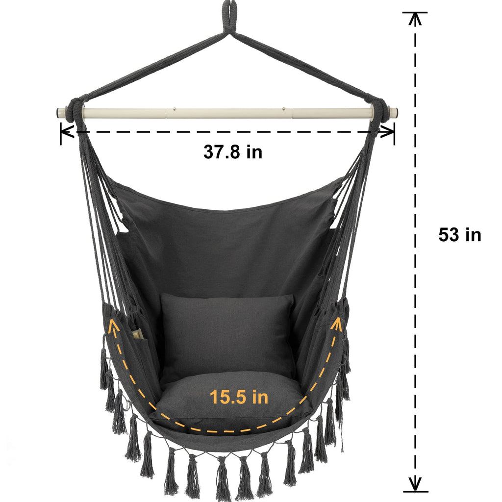 Y- STOP Hammock Chair Hanging Rope Swing Chair, Max 500 Lbs, 2 Seat Cushions Included, Removable Steel Spreader Bar with Anti-Slip Rings, Hardware kit-for Indoor Outdoor(Dark Grey)