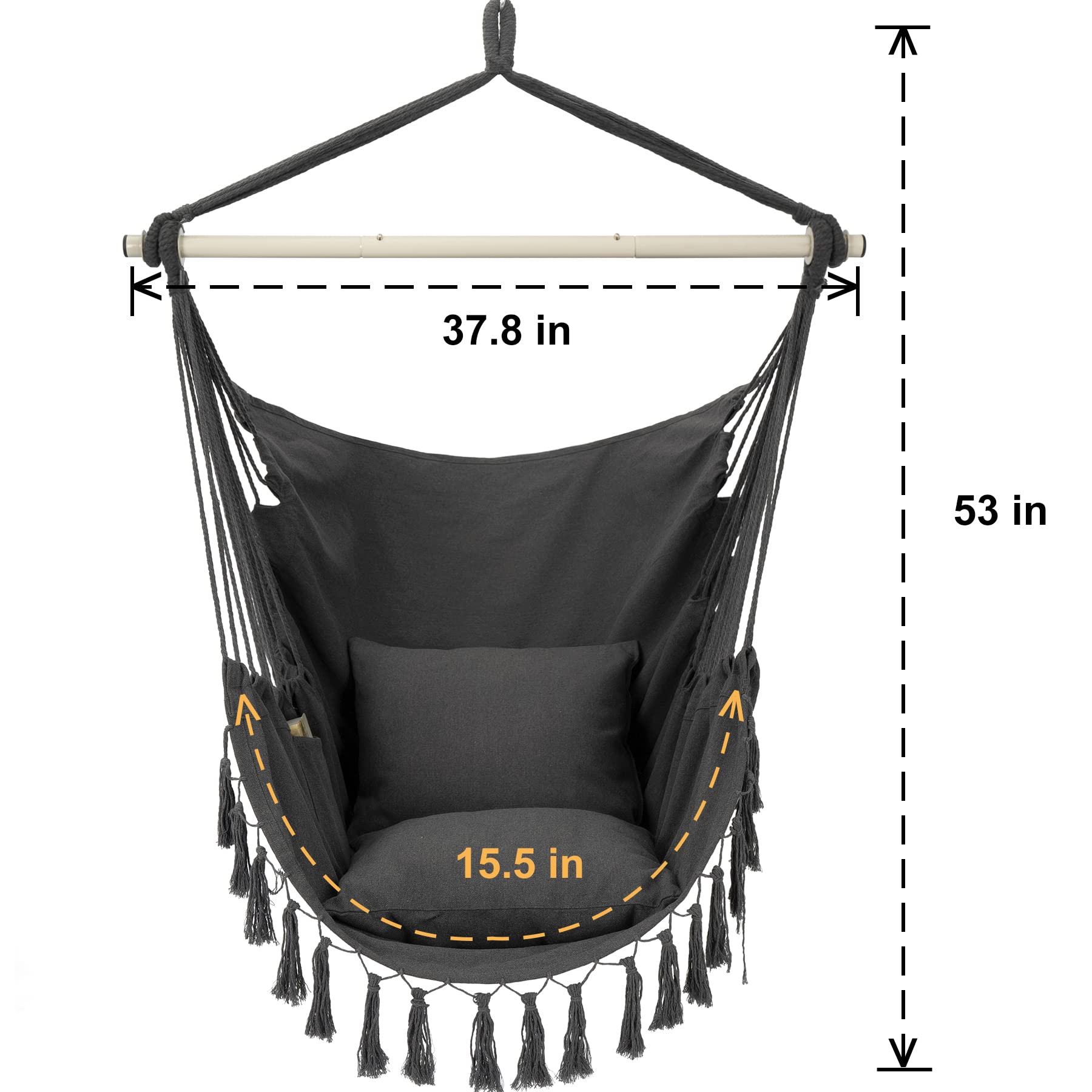 Y- STOP Hammock Chair Hanging Rope Swing Chair, Max 500 Lbs, 2 Seat Cushions Included, Removable Steel Spreader Bar with Anti-Slip Rings, Hardware kit-for Indoor Outdoor(Dark Grey)