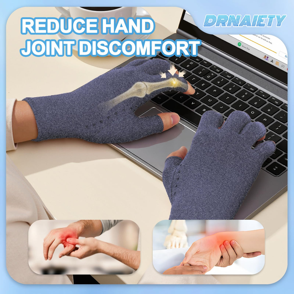 DRNAIETY 2-Pair Arthritis Compression Gloves- for Hand Arthritis, Carpal Tunnel Pain, Rheumatoid Arthritis, RSI, Fingerless, Anti-Slip, Breathable Gloves for Men & Women, Typing, Daily Use(M Brown)