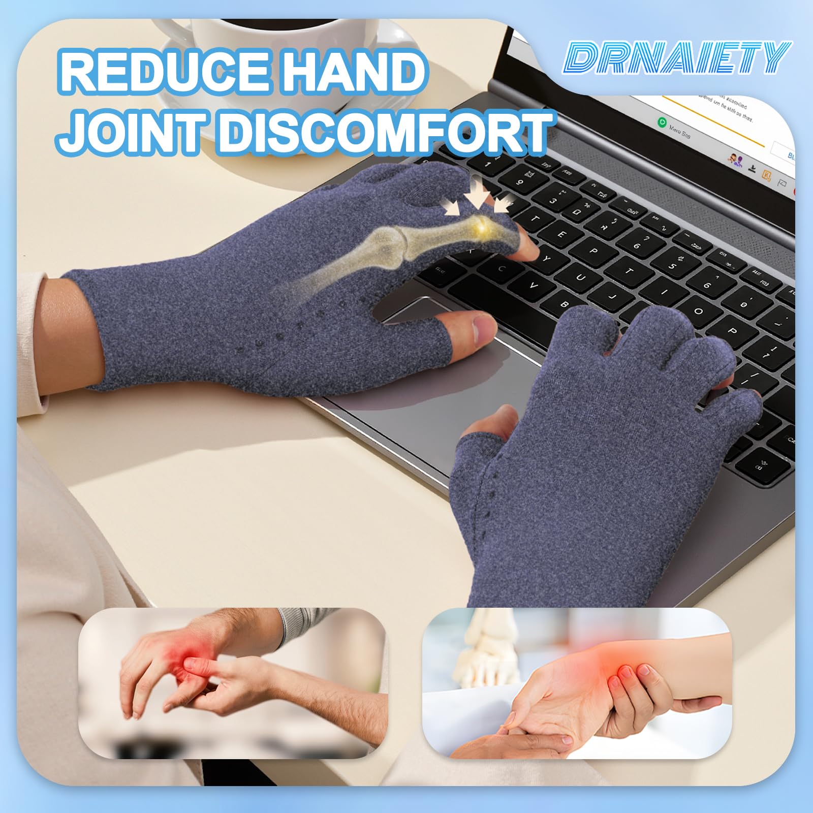 DRNAIETY 2-Pair Arthritis Compression Gloves- for Hand Arthritis, Carpal Tunnel Pain, Rheumatoid Arthritis, RSI, Fingerless, Anti-Slip, Breathable Gloves for Men & Women, Typing, Daily Use(M Brown)
