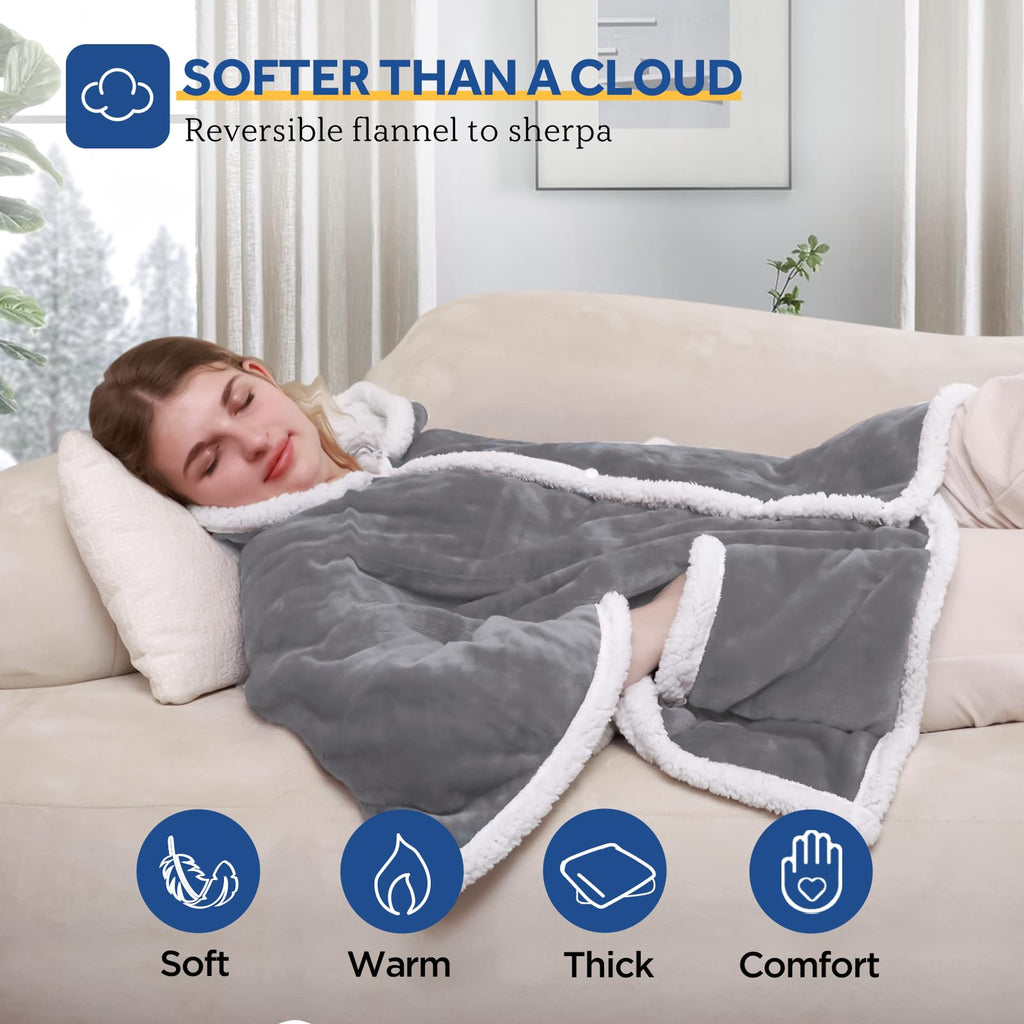 Sealy Heated Throw Wearable Shawl Wrap with Pockets, Reversible Flannel to Sherpa Electric Blanket Hoodie Poncho with 6 Heating Levels & 2-10 Hours Time Settings, 50 X 60 Inch, Pink