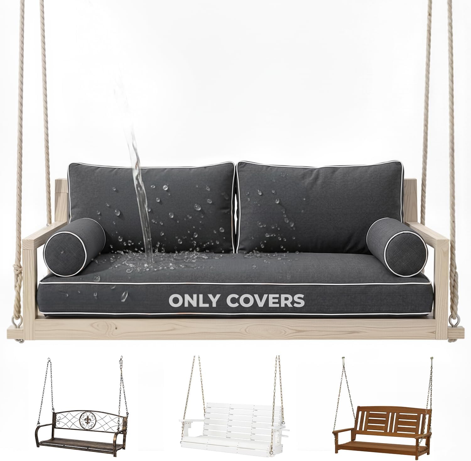 Twin Size Outdoor Daybed Swing Cushion Cover,Patio Porch Twin Mattress Bolster Pillow Fitted Sheet Cover Waterproof for Outdoor Hanging Porch Swing Bed (6, Dark Gray-White Piping)