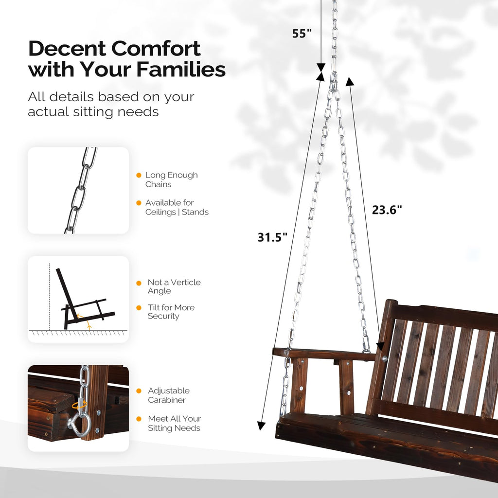 VINGLI Heavy Duty 880 LBS 5 FT Patio Wooden Porch Swing Outdoor with Upgraded Adjustable Chains, Outdoor Hanging Swing Bench for Garden, Yard, Balcony (5 FT, Brown)