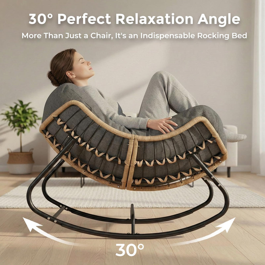 SWITTE Papasan Rocking Chair Outdoor, Oversized Patio Egg Chair with Thick Cushion, Indoor Wicker Lounge Rocker Bed for Balcony, Porch, Garden, Dark Gray