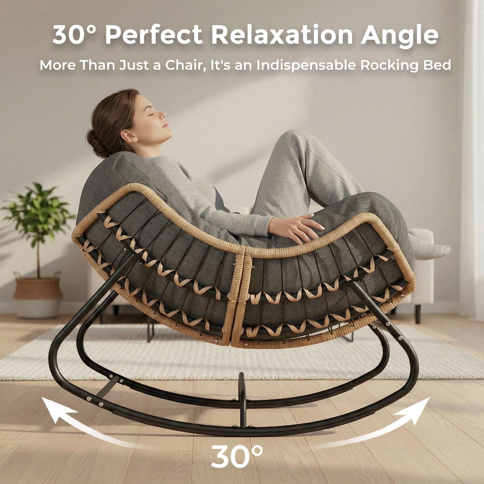 SWITTE Papasan Rocking Chair Outdoor, Oversized Patio Egg Chair with Thick Cushion, Indoor Wicker Lounge Rocker Bed for Balcony, Porch, Garden, Dark Gray