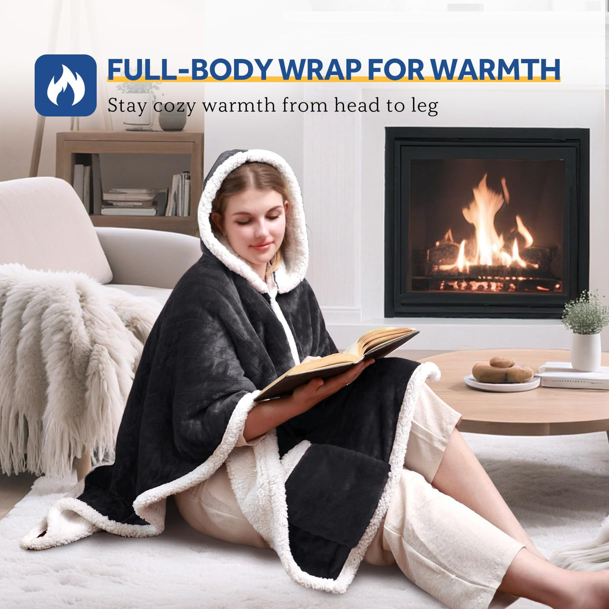 Sealy Heated Throw Wearable Shawl Wrap with Pockets, Reversible Flannel to Sherpa Electric Blanket Hoodie Poncho with 6 Heating Levels & 2-10 Hours Time Settings, 50 X 60 Inch, Pink