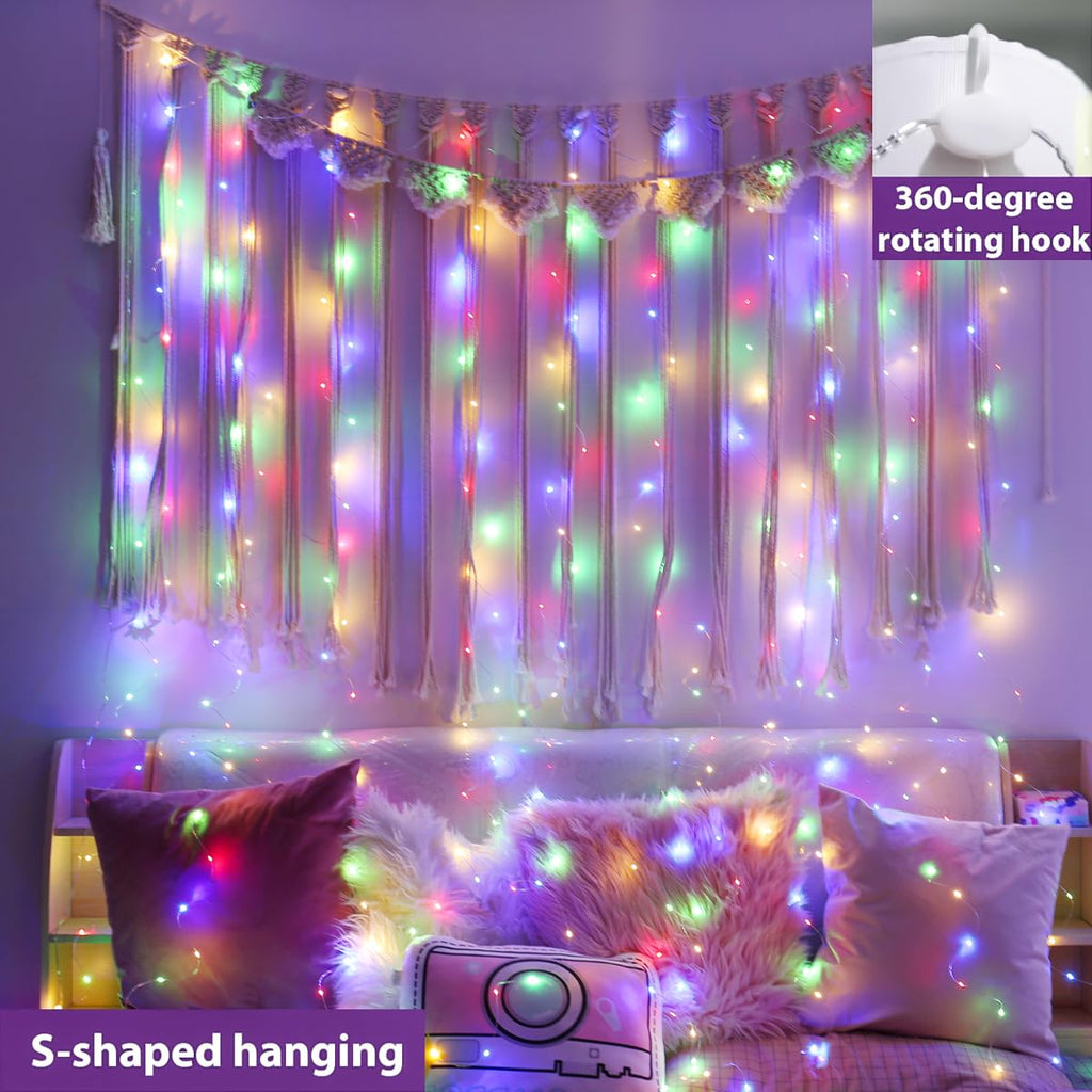 ZSJWL 300 LED Curtain Fairy Lights with Remote, 8 Modes 9.8 × 9.8 Ft Curtain String Light USB Plug in, Twinkle Silver Wire Lights for Bedroom Window Chrismas Wedding Party, Warm White