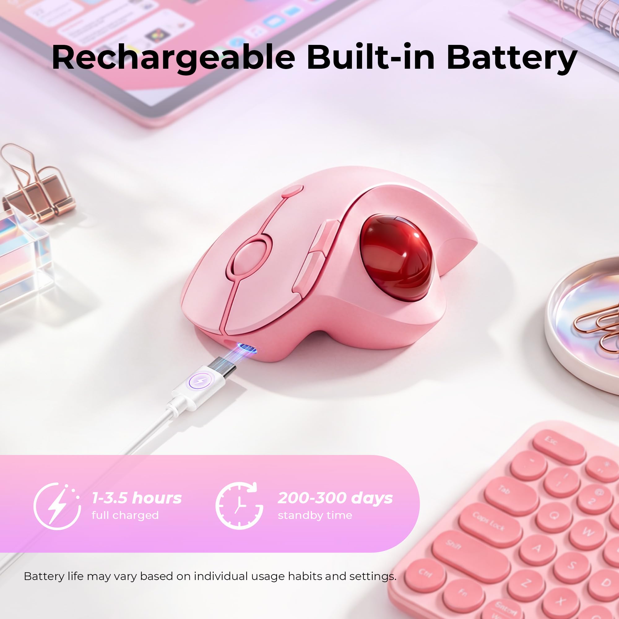 seenda Wireless Trackball Mouse, Ergonomic Bluetooth Rollerball Mouse Rechargeable, 3 Device Connection Optical Mice Adjustable DPI Thumb Control Mice Compatible for PC/Laptop/Windows/Mac - Pink