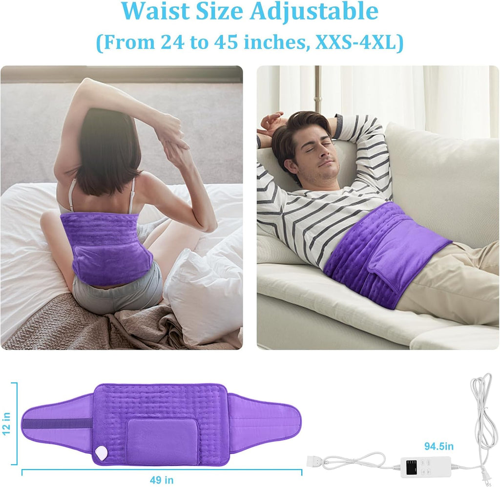 Heating Pad for Period Cramps Back Pain Electric Heating Pad Menstrual Lower Back Neck Shoulders Pain Relief 6-Hour Auto Off 12x24 Heated Pad + 20" Belt 4 Timer 6 Heat Level Wrap (Purple)