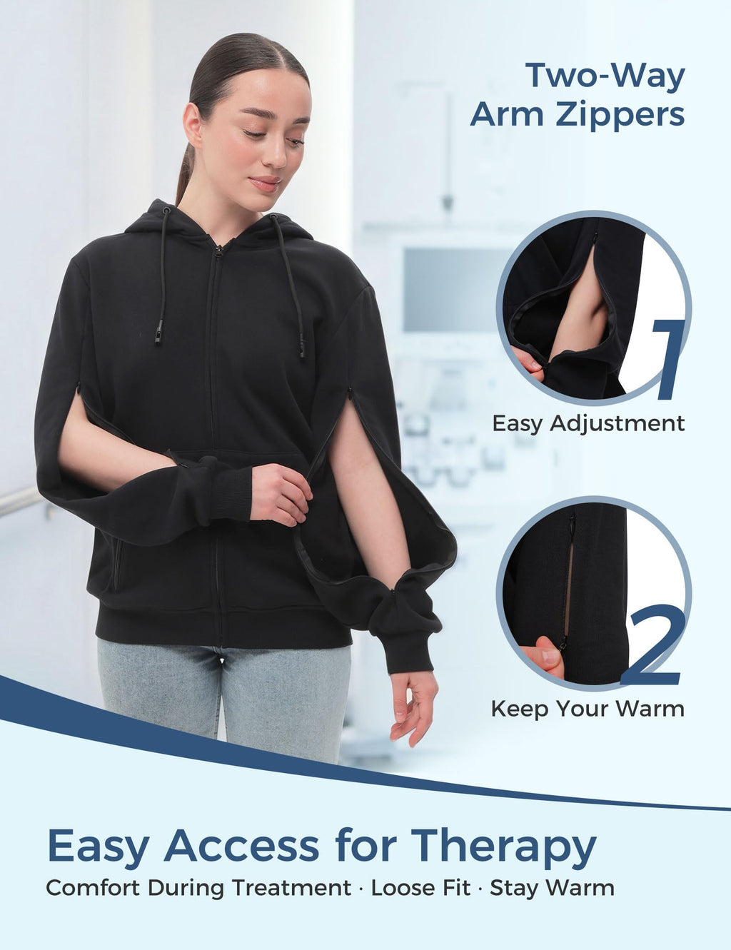 Dialysis Hoodie with Built-In Eye Mask Two Way Arm Zippers for Port Access Dialysis Sweatshirts
