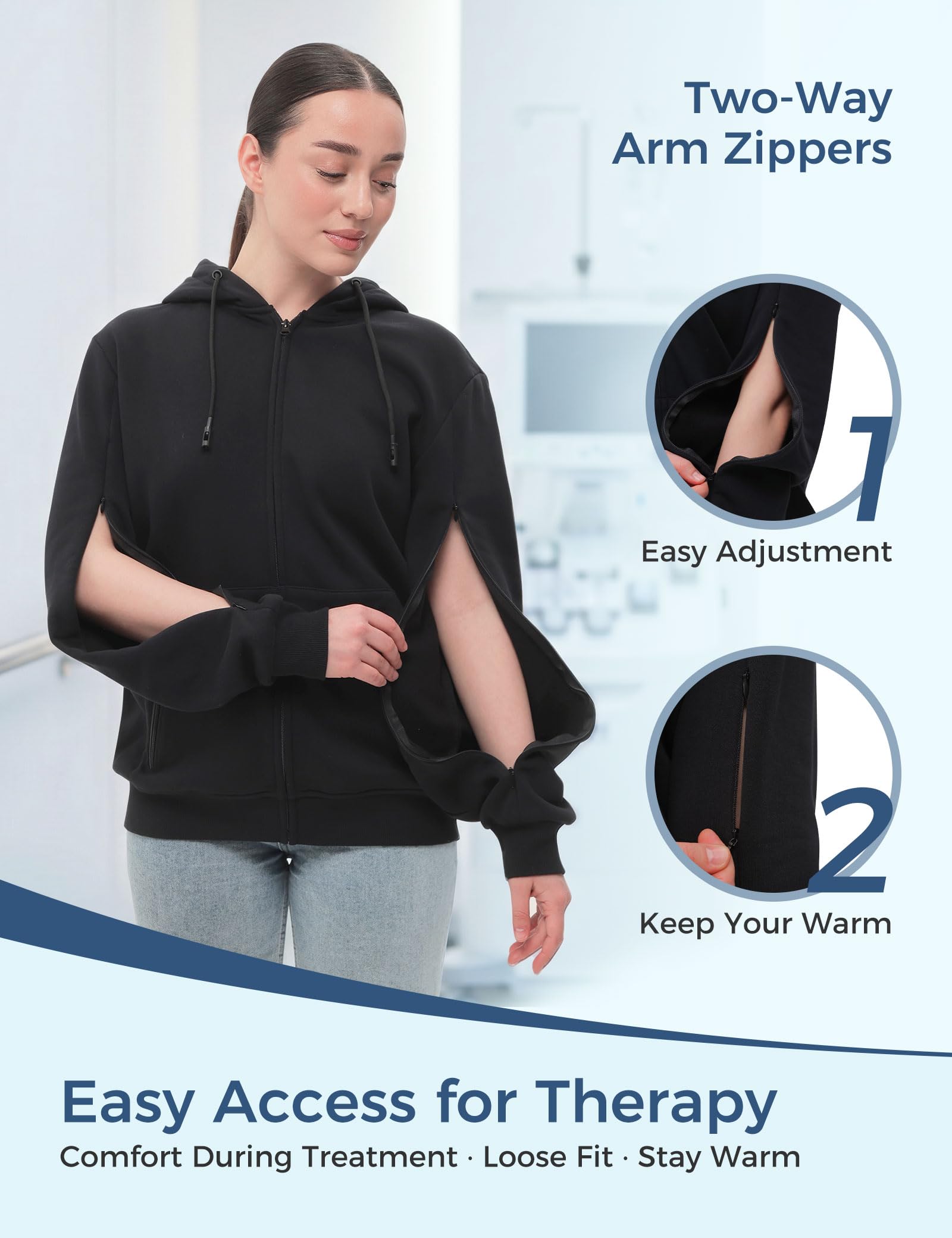 Dialysis Hoodie with Built-In Eye Mask Two Way Arm Zippers for Port Access Dialysis Sweatshirts