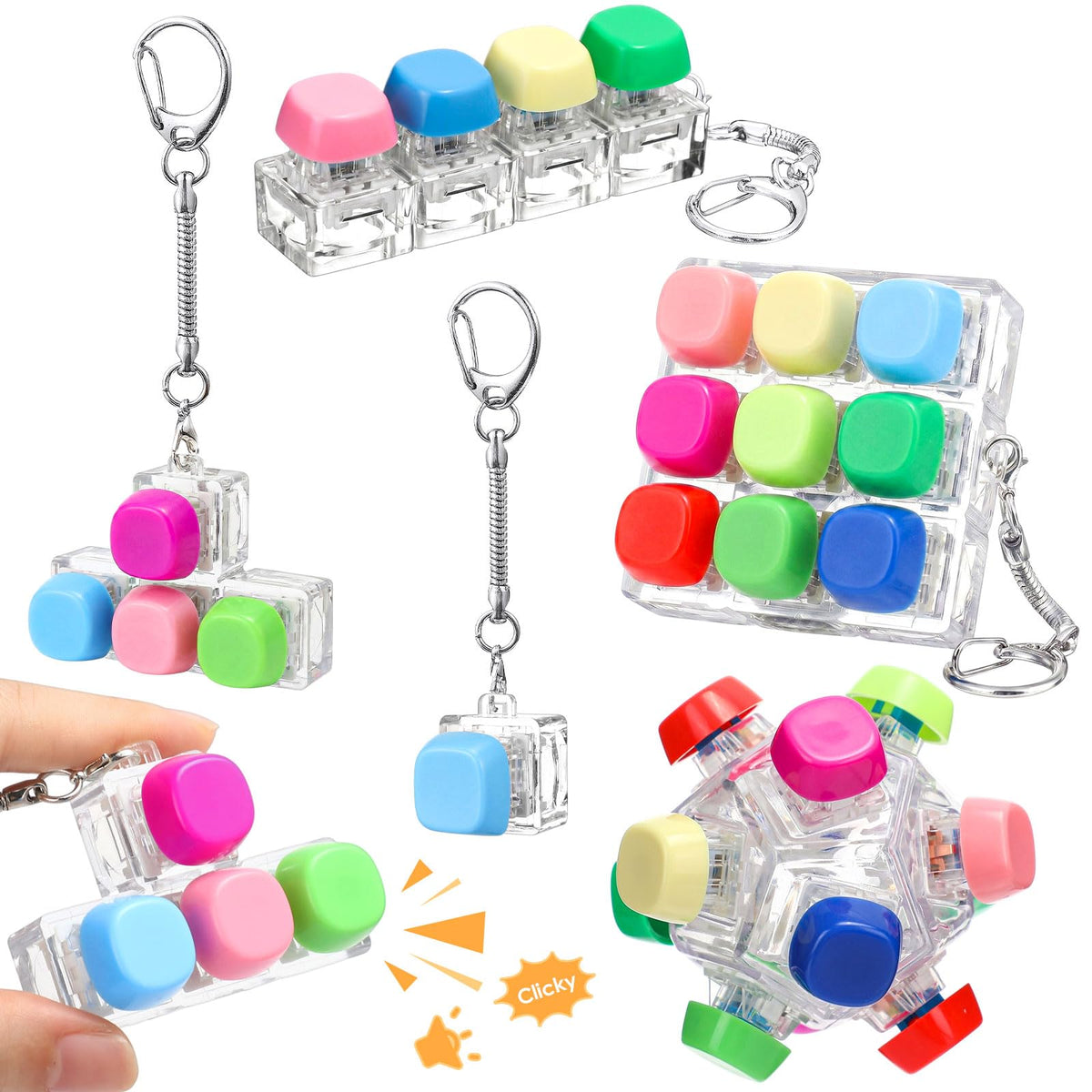 Halloscume 5 Pcs Keyboard Fidget Clicker Keychains in 5 Styles, Back to School Gift Fidget Mechanical Button Clicker Stress Relief Gift for First Day of School Office Home(Blue Purple)