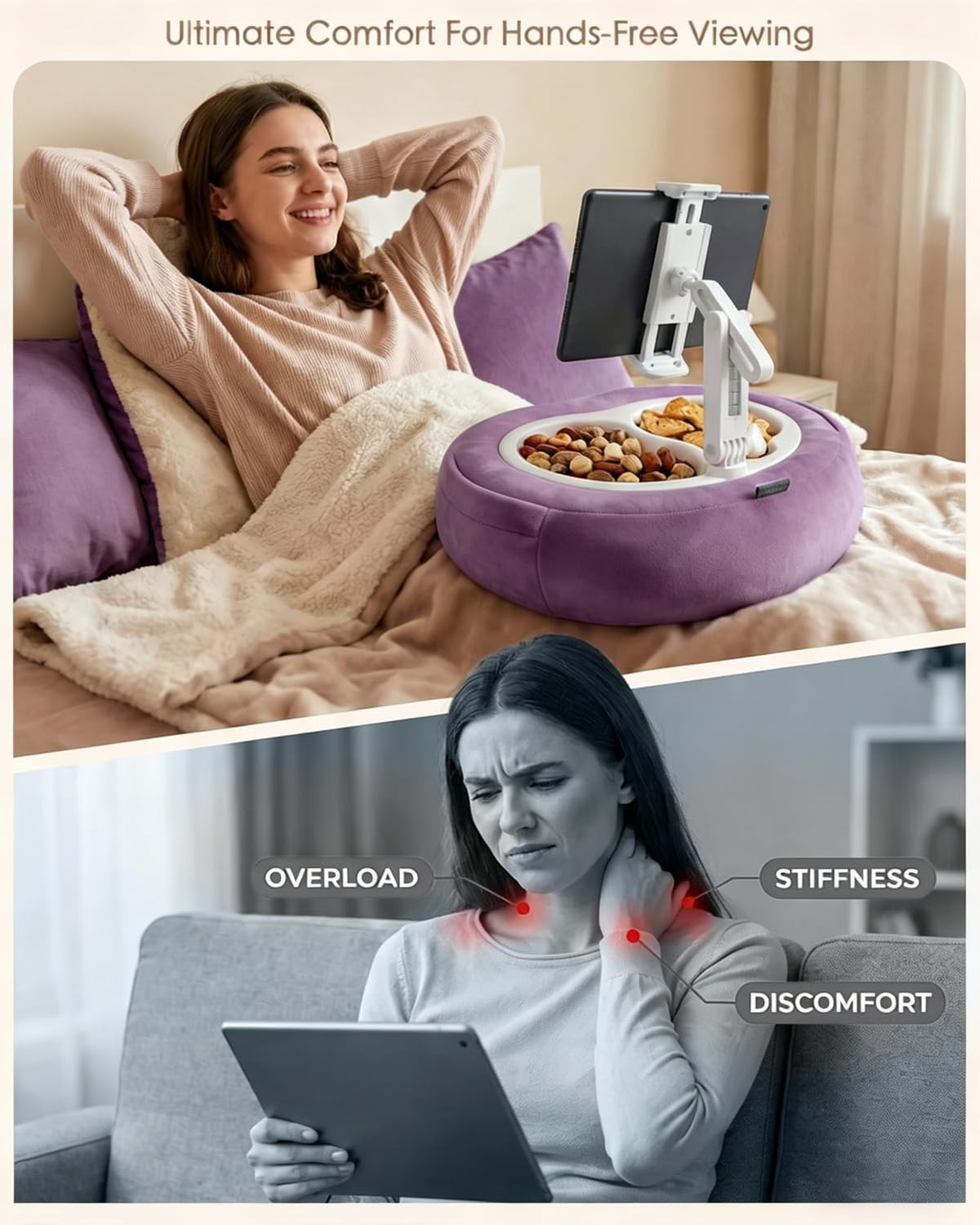 Miledi Tablet Pillow Stand for Bed with 360° Rotating Holder, Pink | Compatible with Kindle, iPad, Phone and Tablet 5" to 12.9", Soft Plush Fabric, with 2 Snack Bowls, for Reading and Relaxing