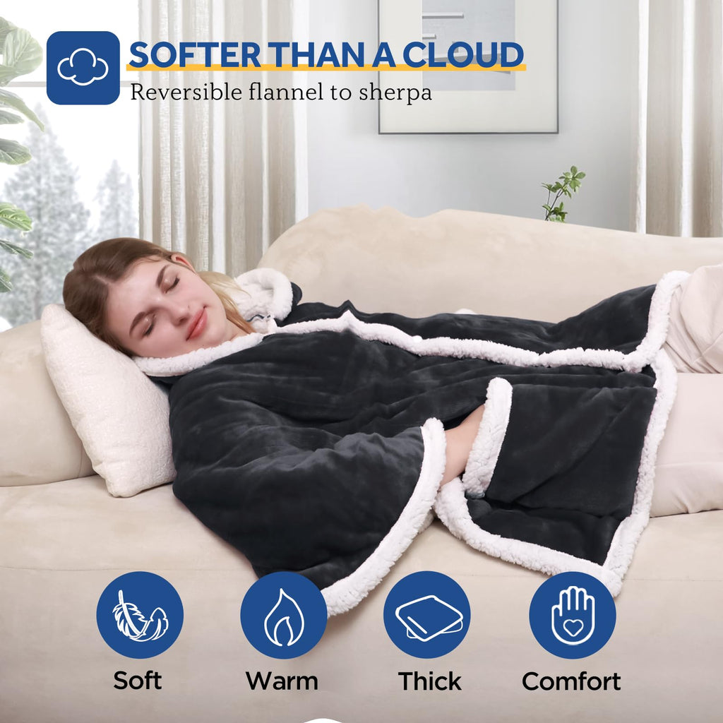 Sealy Heated Throw Wearable Shawl Wrap with Pockets, Reversible Flannel to Sherpa Electric Blanket Hoodie Poncho with 6 Heating Levels & 2-10 Hours Time Settings, 50 X 60 Inch, Pink