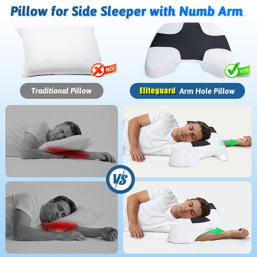 Side Sleeper Pillow with Arm Hole, Shoulder Relief System, Arm Pillow for Neck and Shoulder Pain, Premium Memory Foam, Suitable for Side, Back and Stomach Sleepers - Grey, 6in Height