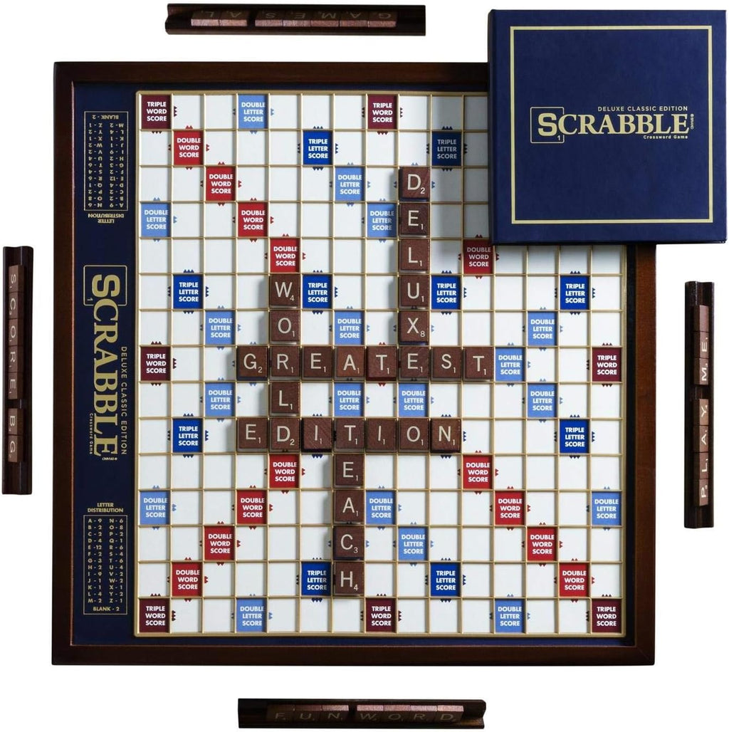 WS Game Company Scrabble Deluxe Edition Board Game Featuring a Rotating Wooden Game Cabinet with Built-in Storage and Raised Letter Tile Grid — Board Games for 2-4 Players (Ages 8+)