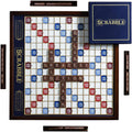 WS Game Company Scrabble Deluxe Edition Board Game Featuring a Rotating Wooden Game Cabinet with Built-in Storage and Raised Letter Tile Grid — Board Games for 2-4 Players (Ages 8+)