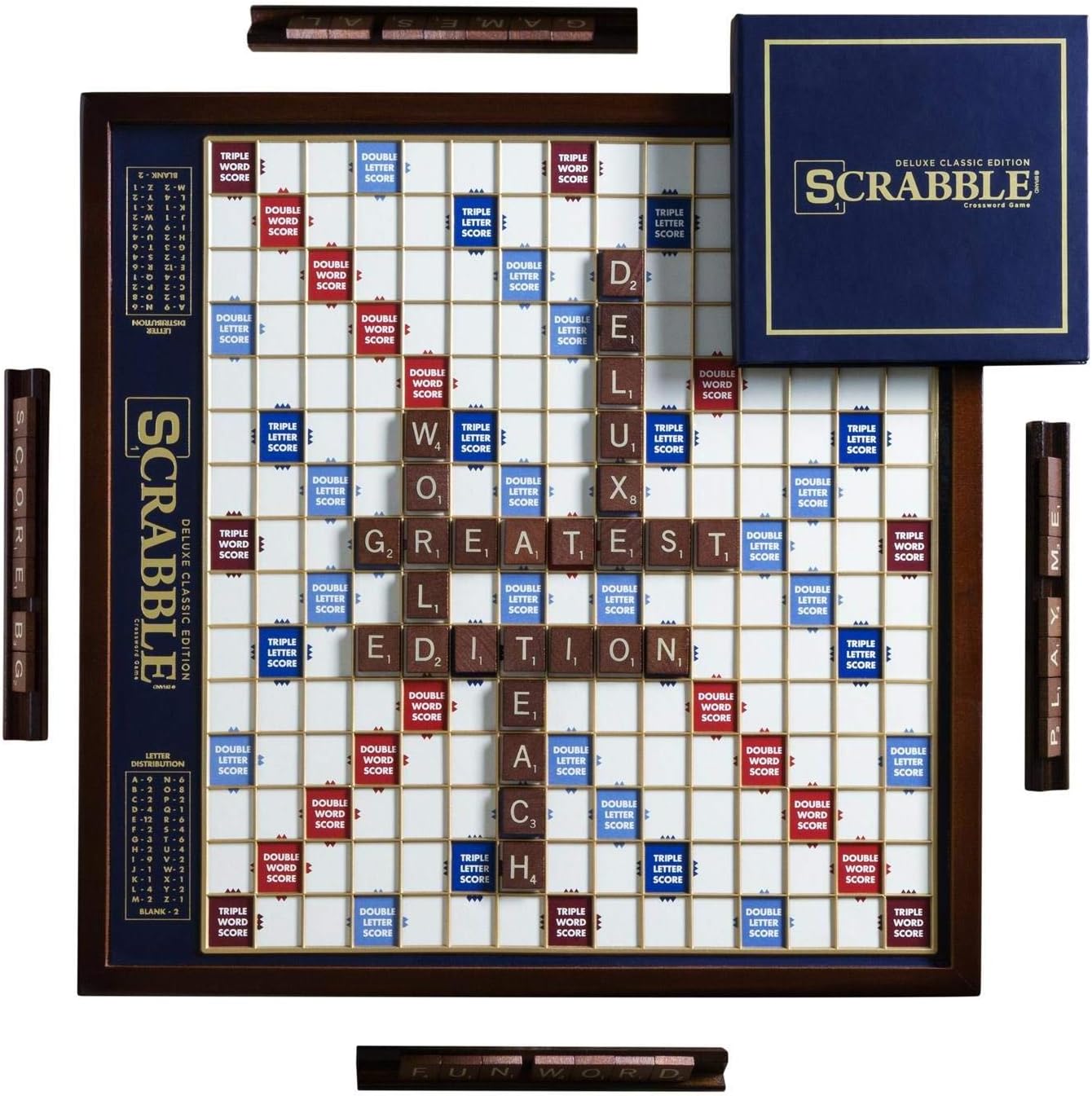 WS Game Company Scrabble Deluxe Edition Board Game Featuring a Rotating Wooden Game Cabinet with Built-in Storage and Raised Letter Tile Grid — Board Games for 2-4 Players (Ages 8+)