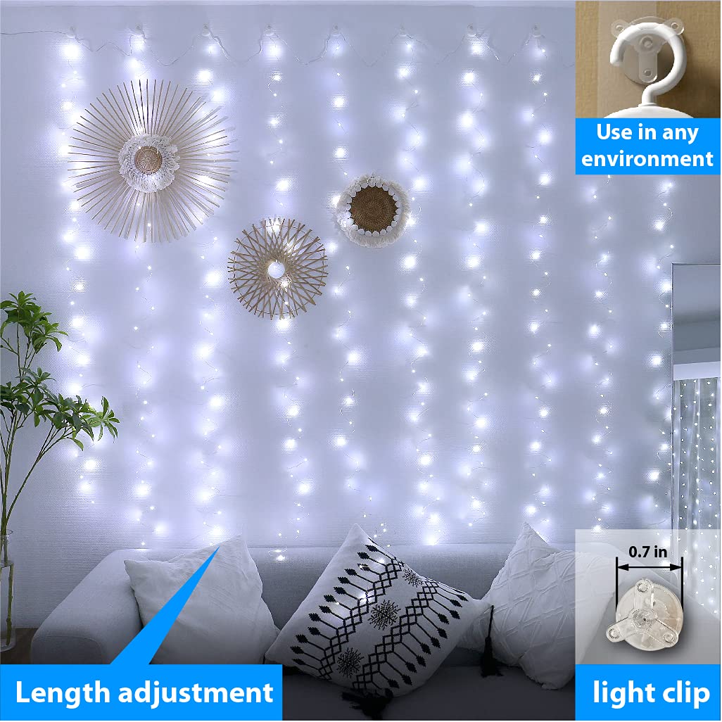 ZSJWL 300 LED Curtain Fairy Lights with Remote, 8 Modes 9.8 × 9.8 Ft Curtain String Light USB Plug in, Twinkle Silver Wire Lights for Bedroom Window Chrismas Wedding Party, Warm White