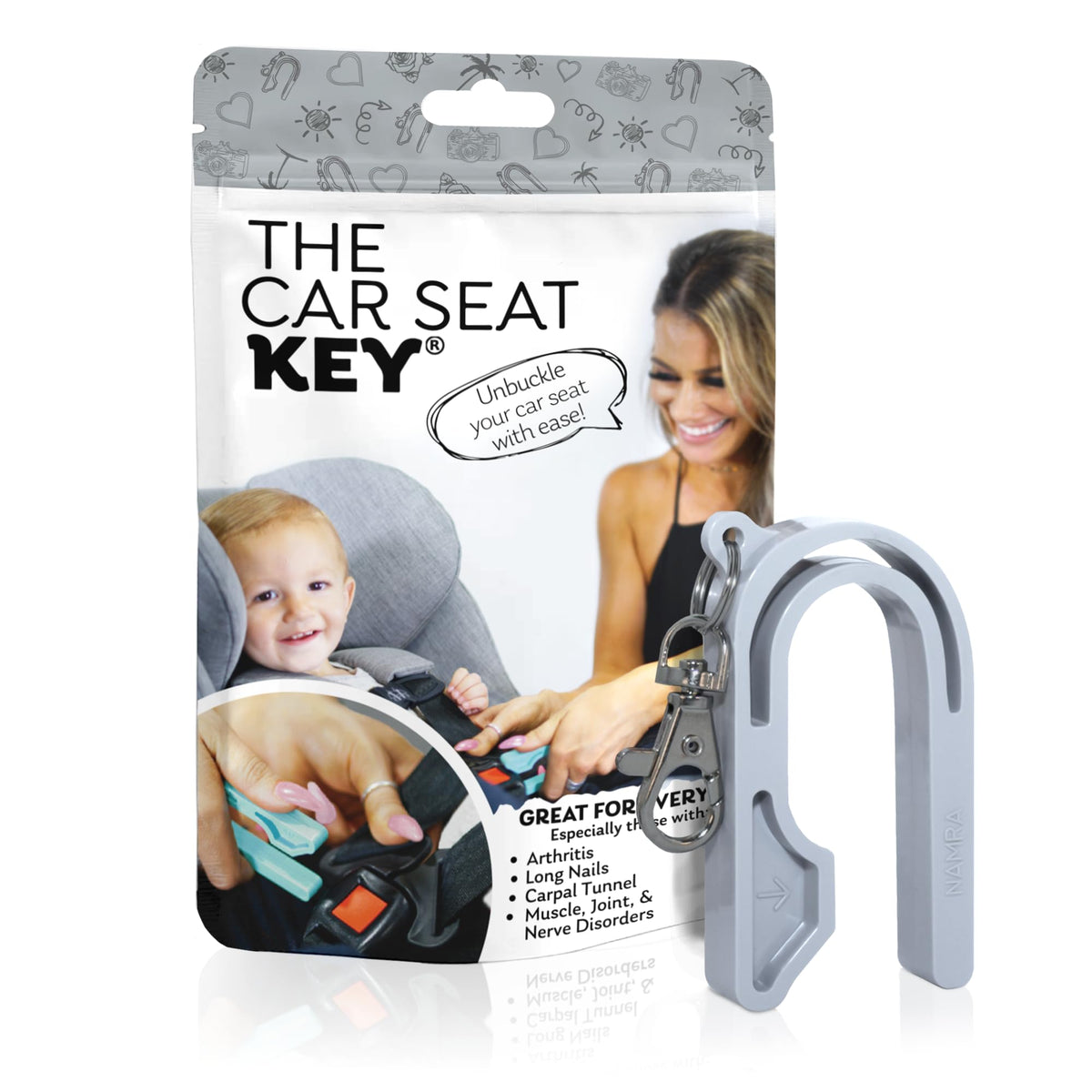 The Car Seat Key - Original Car Seat Key Chain Buckle Release Tool - Easy Unbuckle Opener Aid for Nails, Parents, Grandparents & Older Children by NAMRA Made in USA (Black)