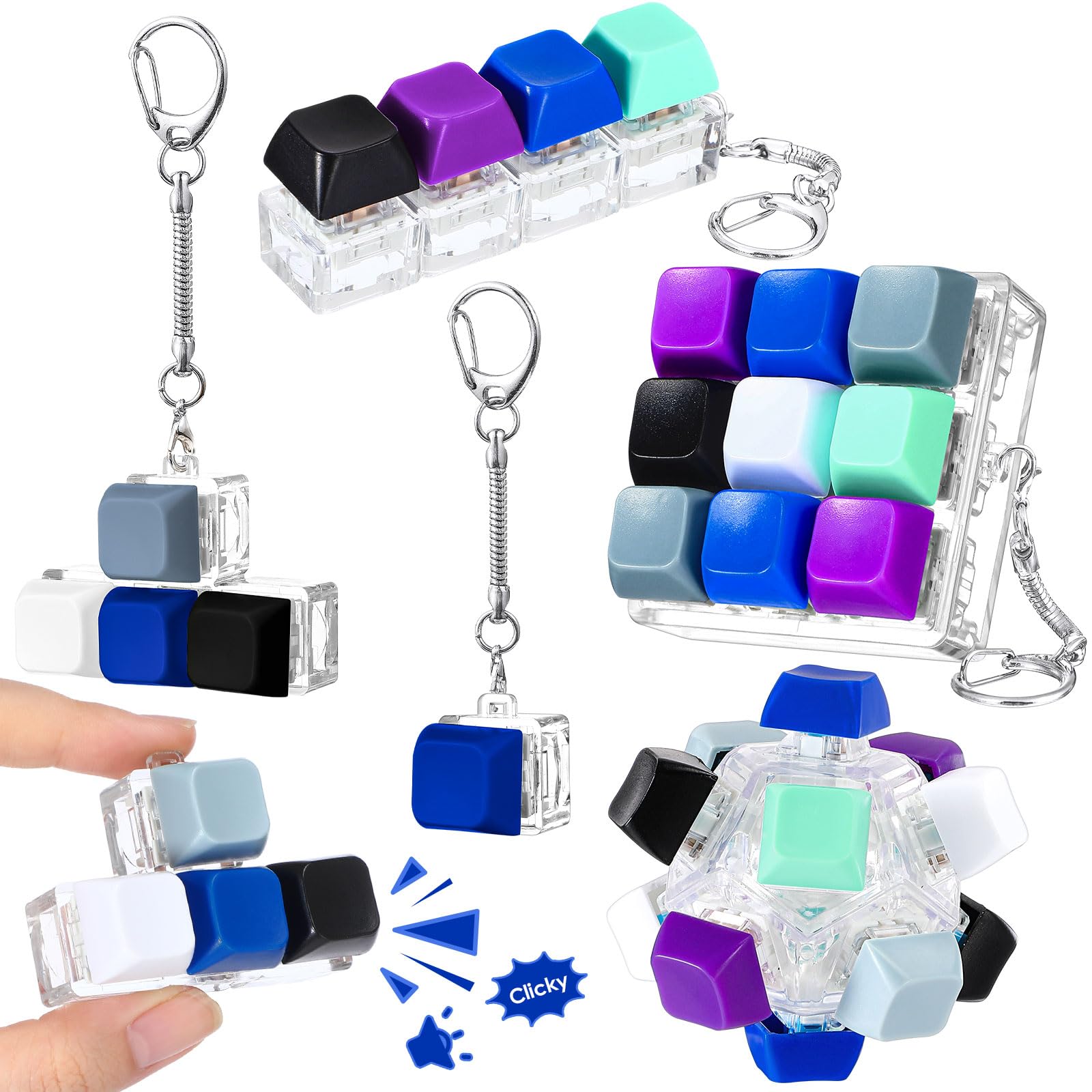 Halloscume 5 Pcs Keyboard Fidget Clicker Keychains in 5 Styles, Back to School Gift Fidget Mechanical Button Clicker Stress Relief Gift for First Day of School Office Home(Blue Purple)
