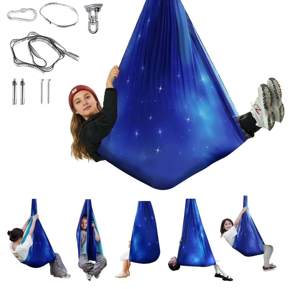 Aokitec Sensory Swing for Kids with Special Needs, Indoor Kids Swing Cuddle Hammock Chair Adjustable Aerial Swing for Children with Autism, ADHD, Asperger, Sensory Integration(Blue)
